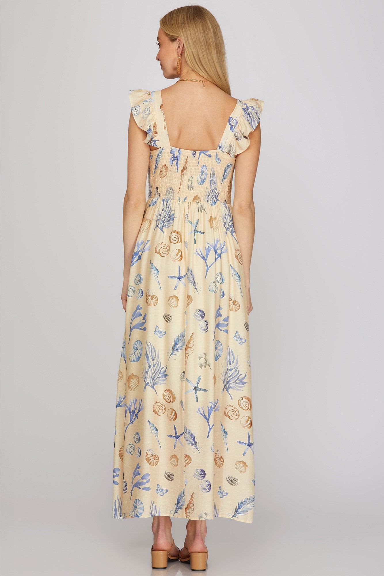 RUFFLED SLEEVE SQUARE NECK WOVEN PRINT SMOCKED MAXI DRESS