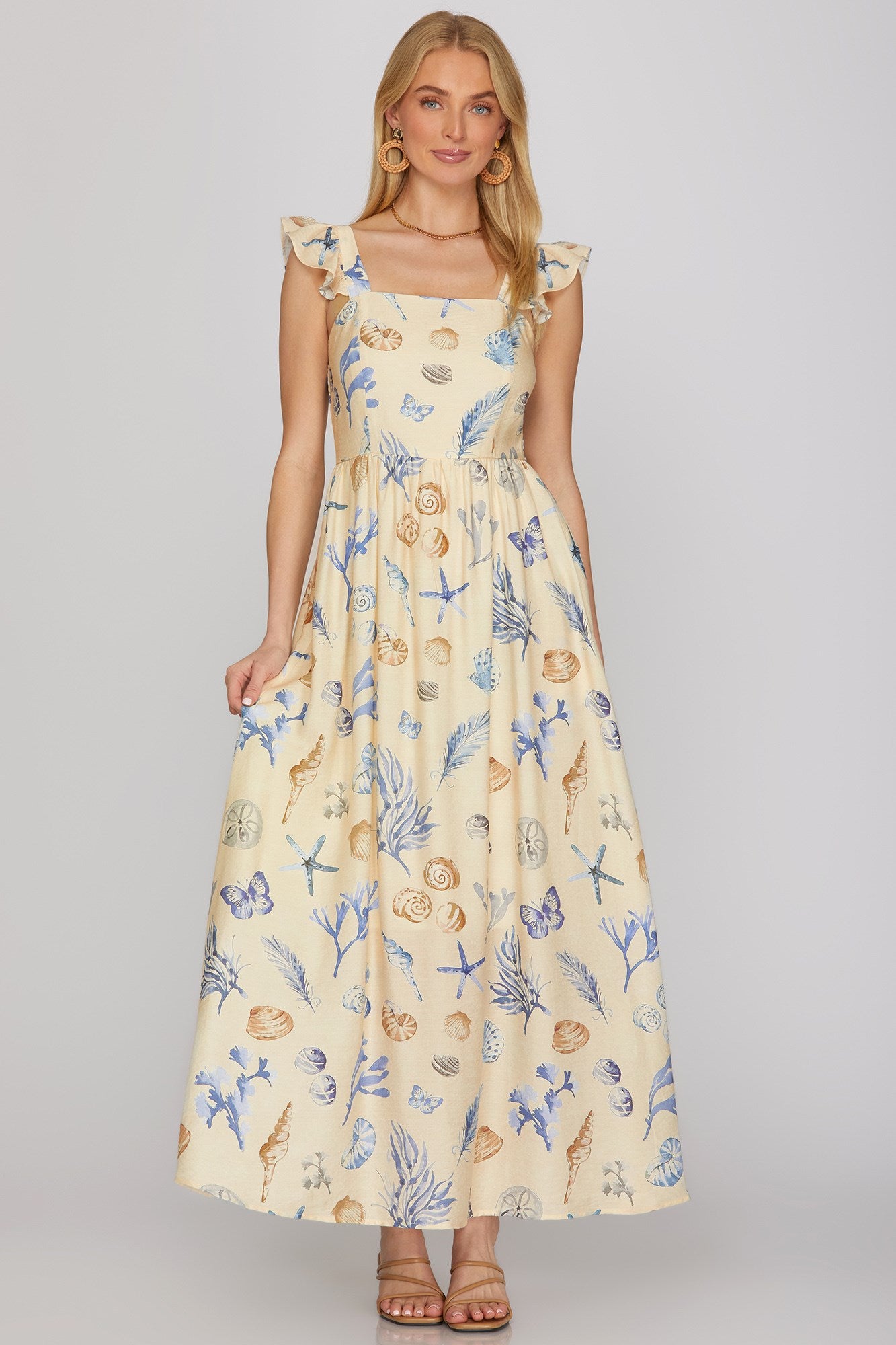 RUFFLED SLEEVE SQUARE NECK WOVEN PRINT SMOCKED MAXI DRESS