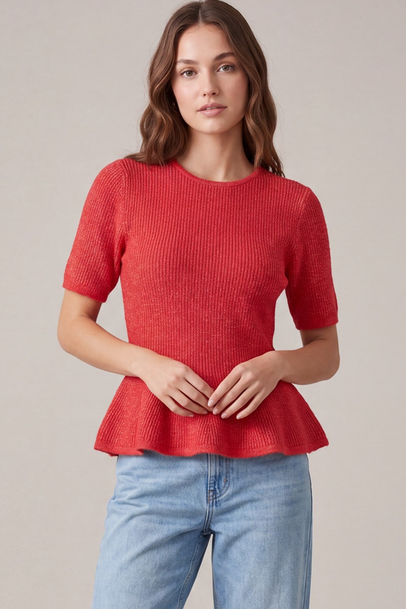 SHORT SLEEVE SOLID PEPLUM SWEATER
