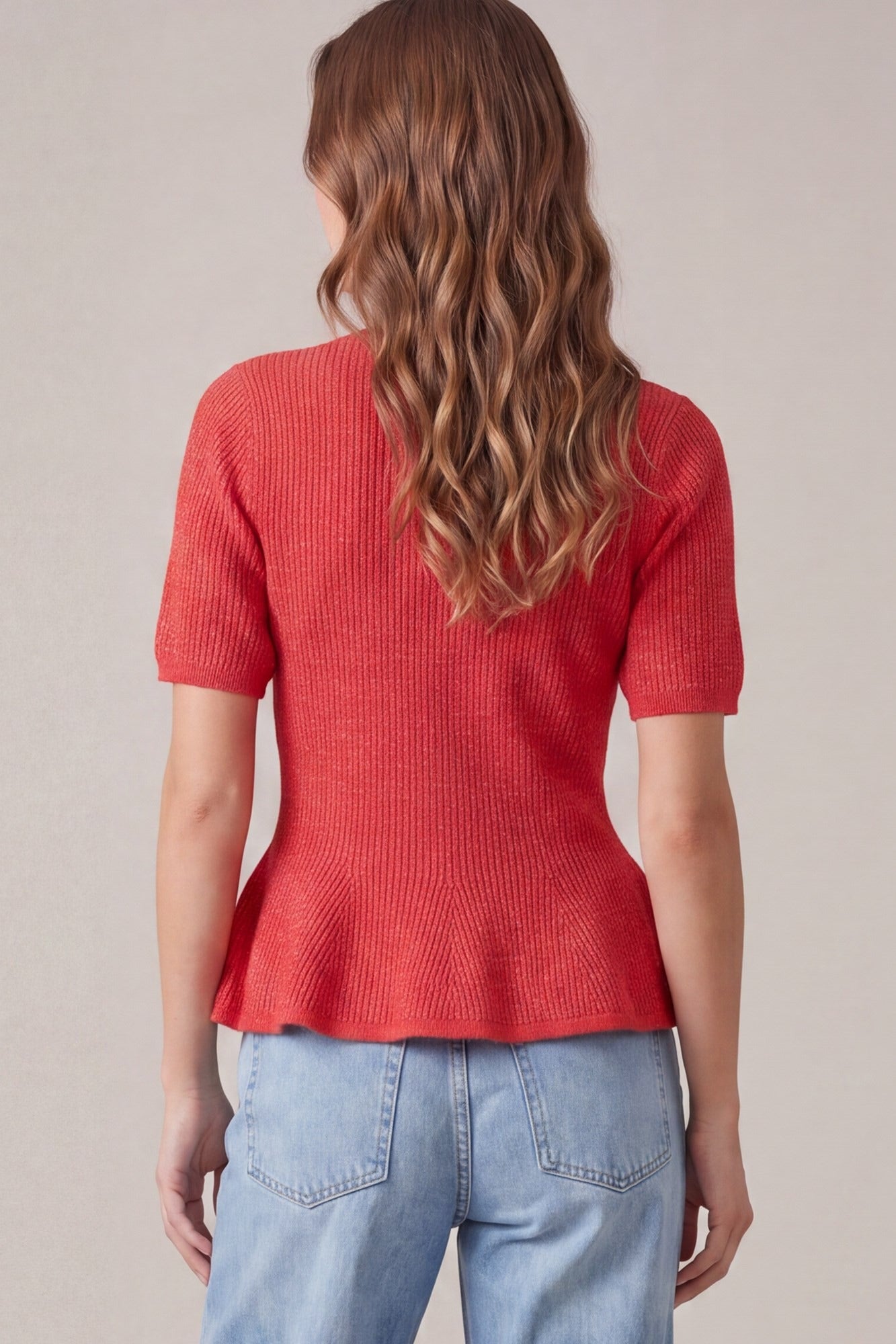 SHORT SLEEVE SOLID PEPLUM SWEATER