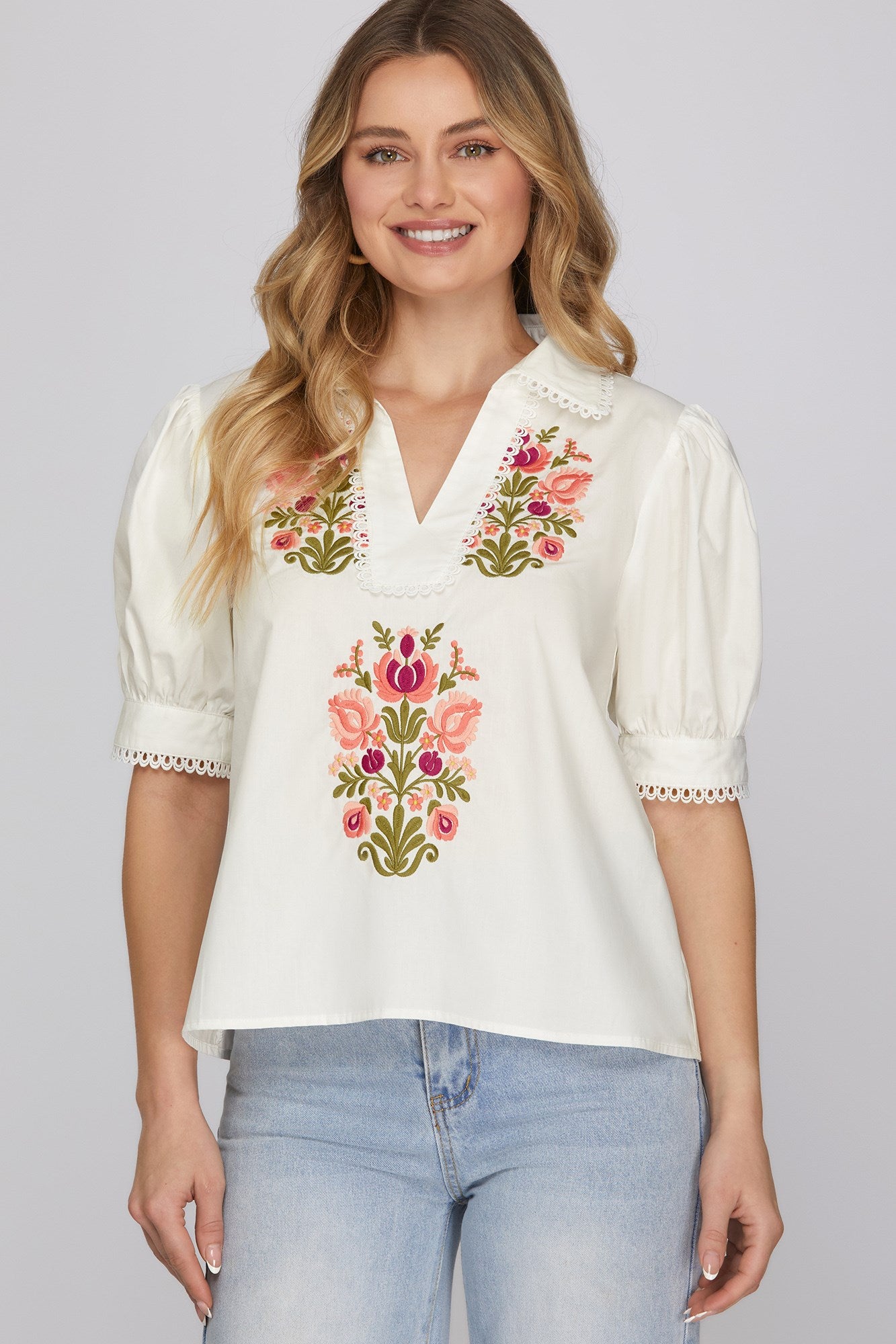 SOLID WOVEN EMBROIDERY TOP