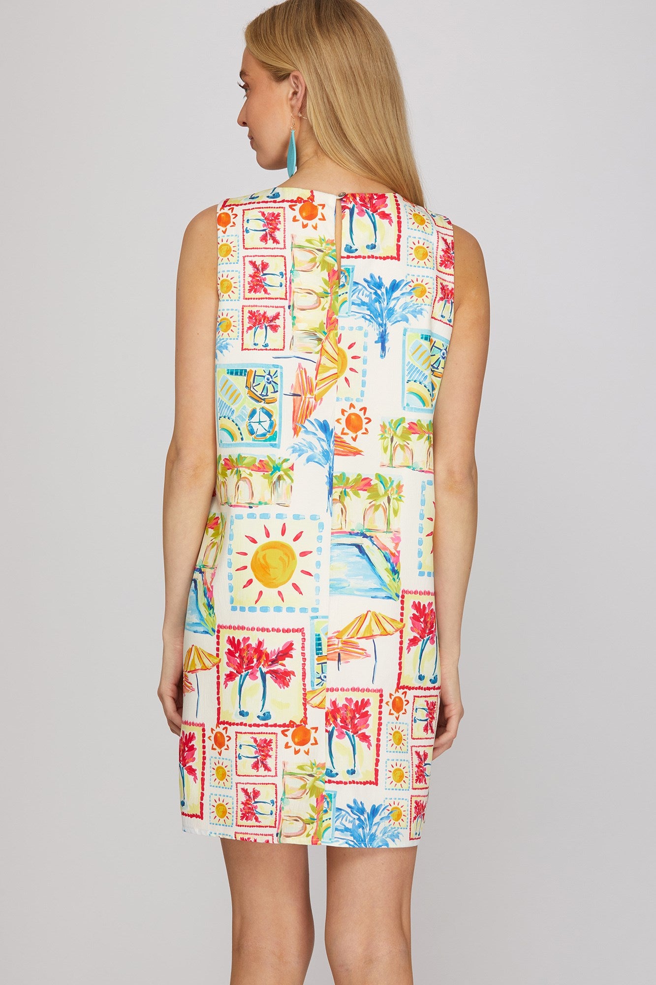 SLEEVELESS WOVEN PRINT A-LINE MINI DRESS