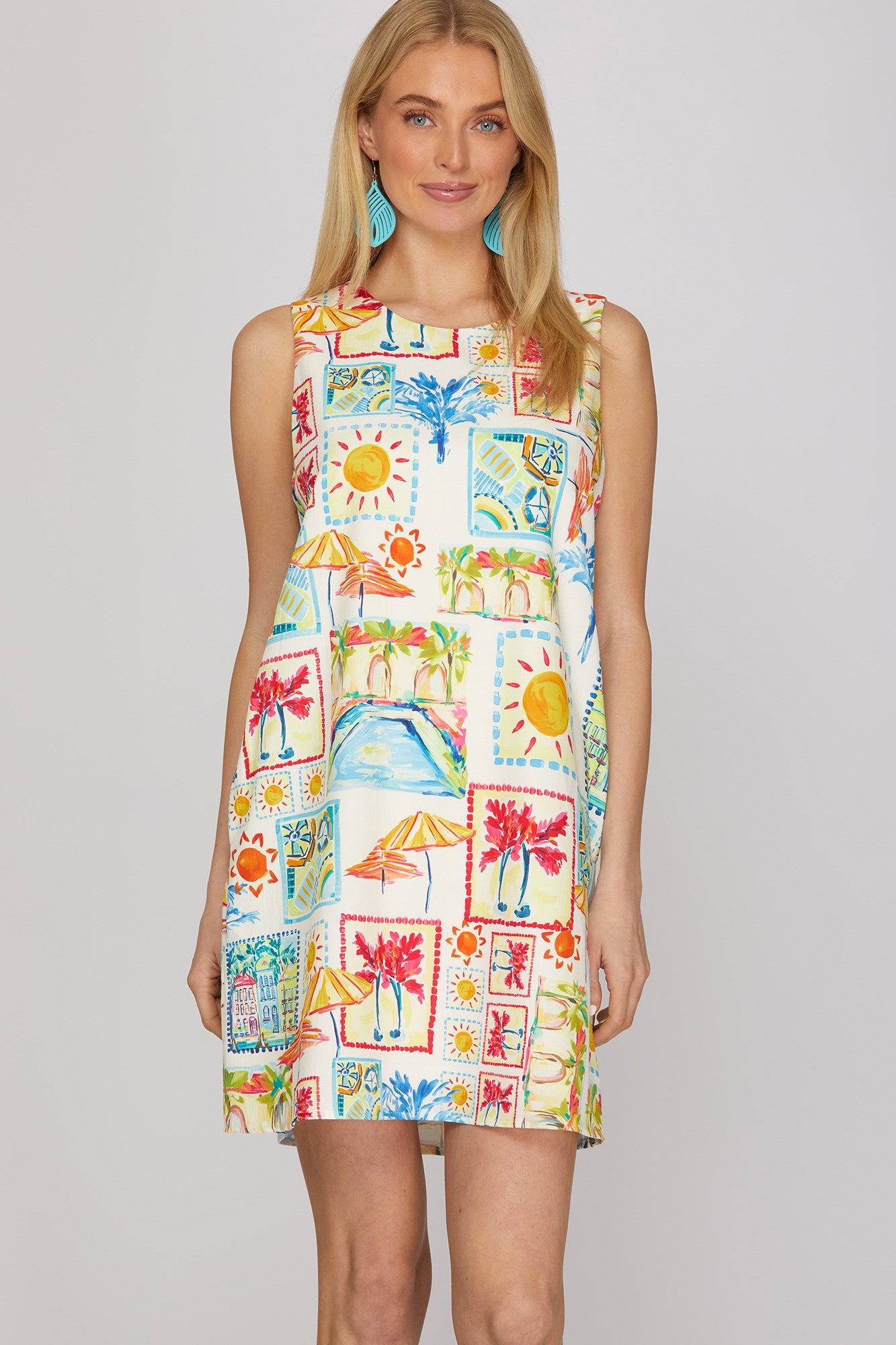 SLEEVELESS WOVEN PRINT A-LINE MINI DRESS