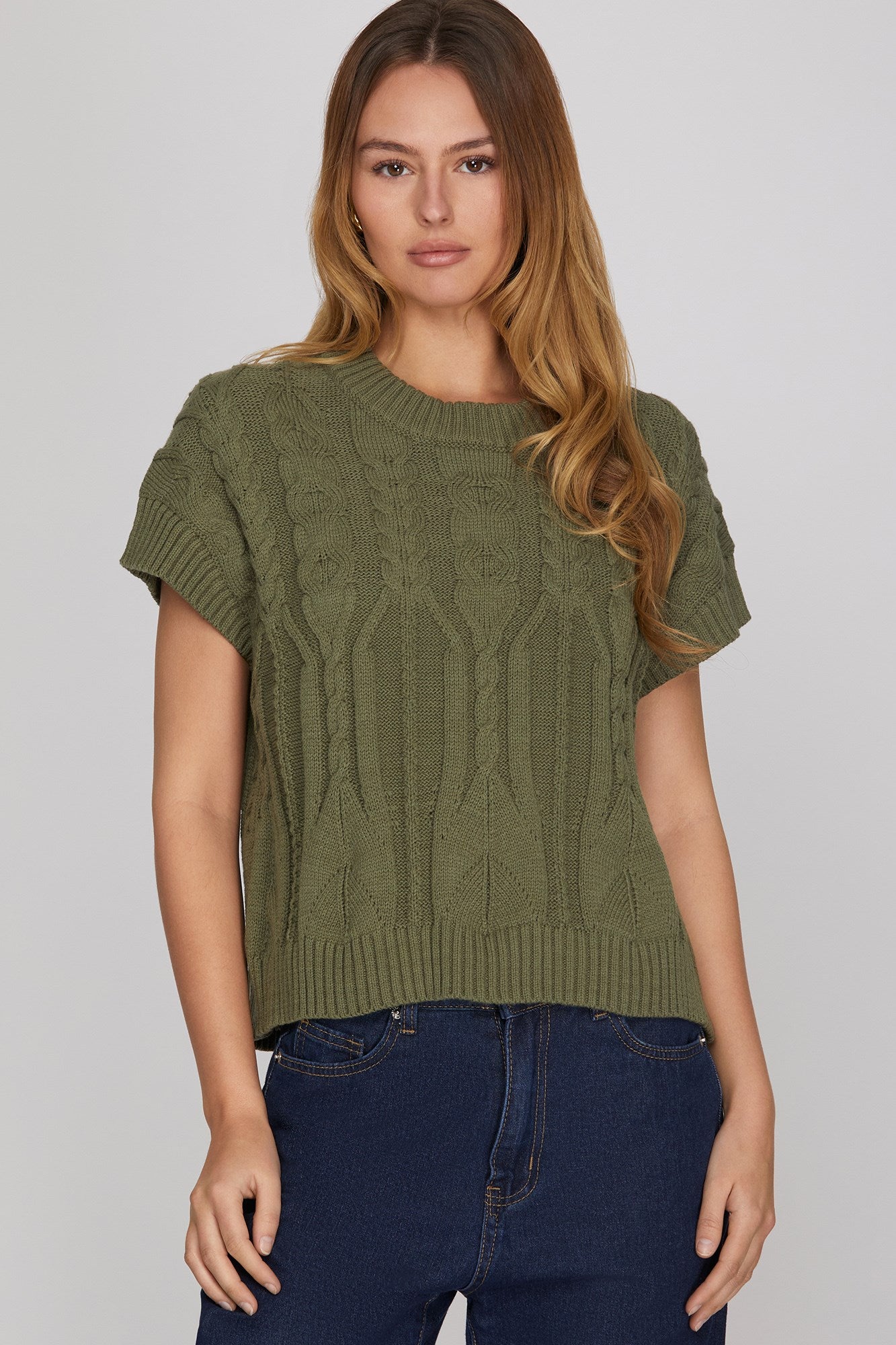DROP SHOULDER CABLE KNIT SWEATER