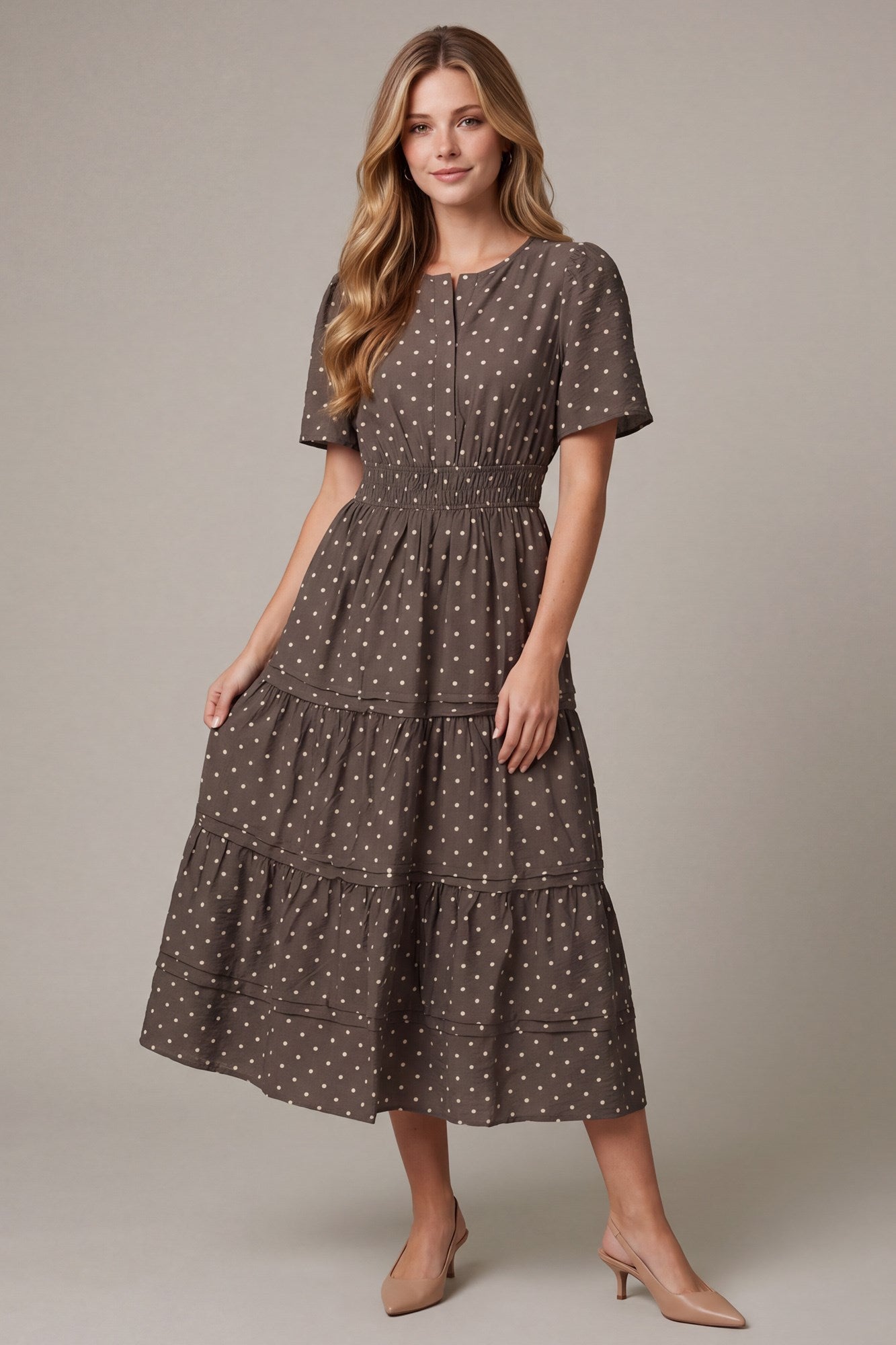 TIERED PINTUCK POLKADOT WOVEN MIDI DRESS