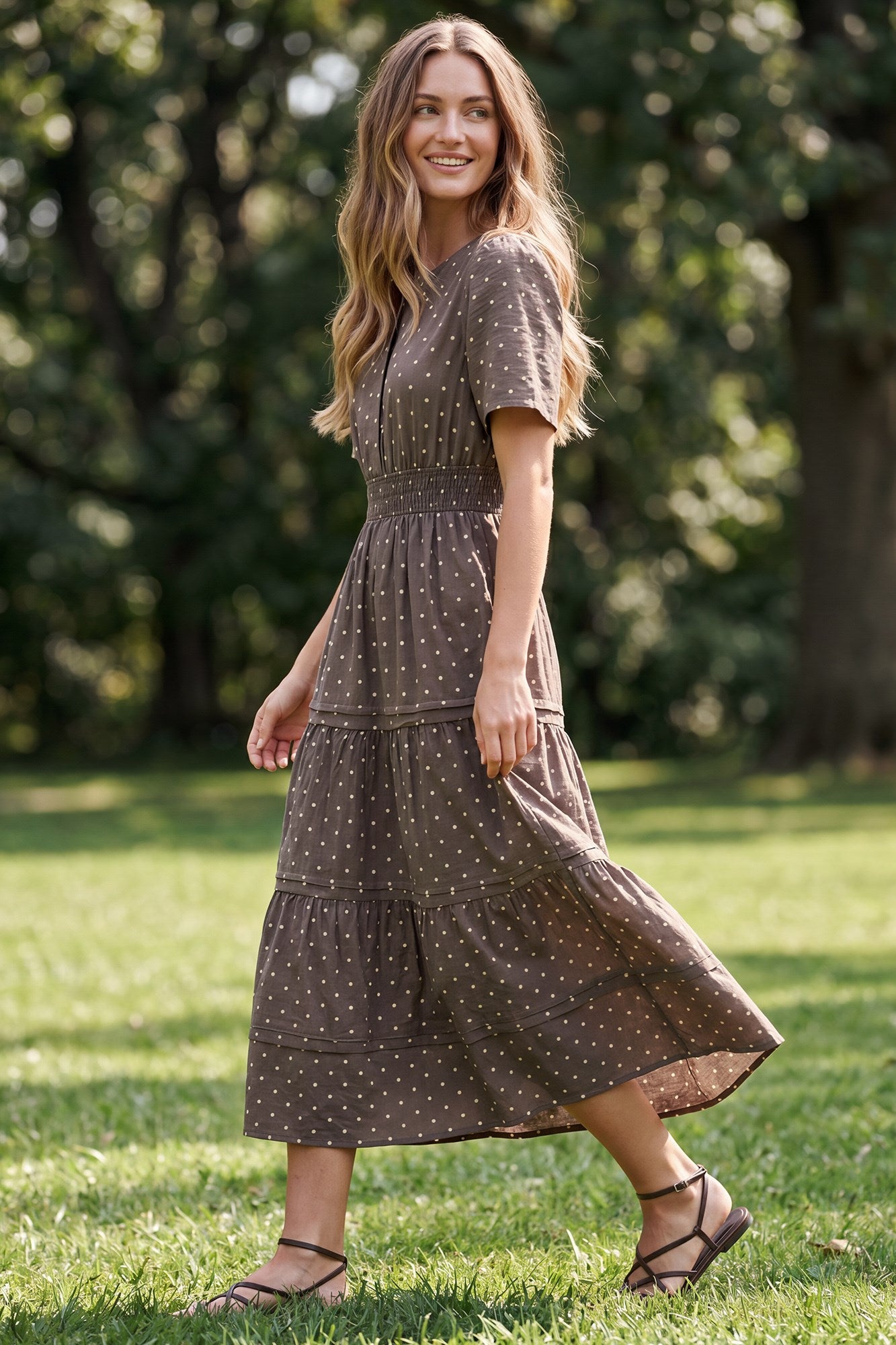 TIERED PINTUCK POLKADOT WOVEN MIDI DRESS