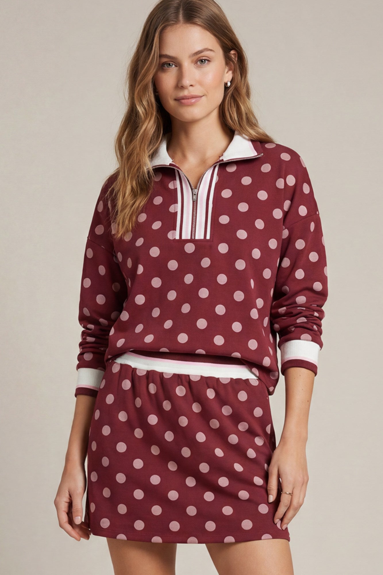 HALF-ZIP TOP AND NINI SKIRT POLKADOT KNIT SET