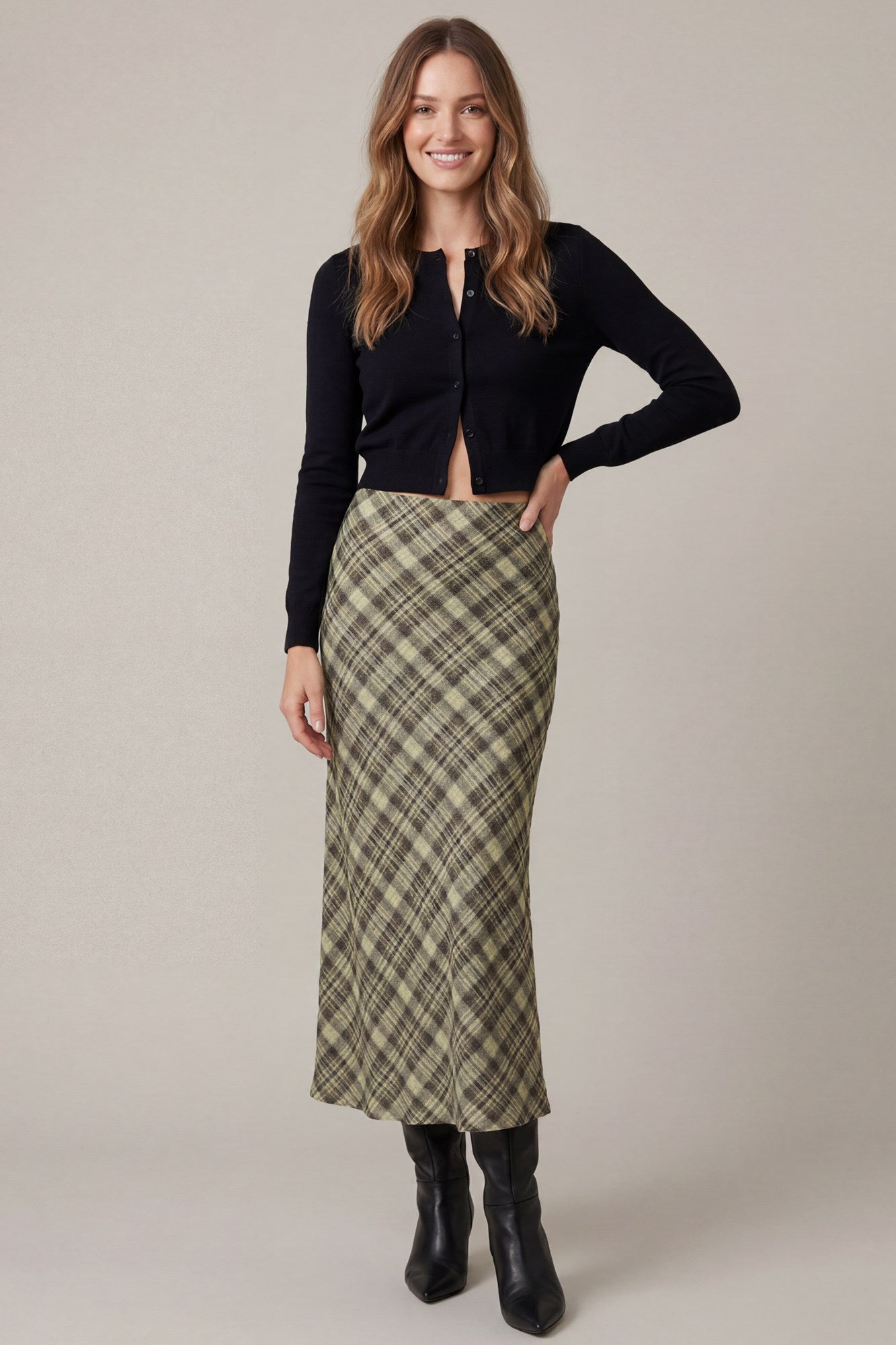 WOVEN CHECKED LONG SKIRT