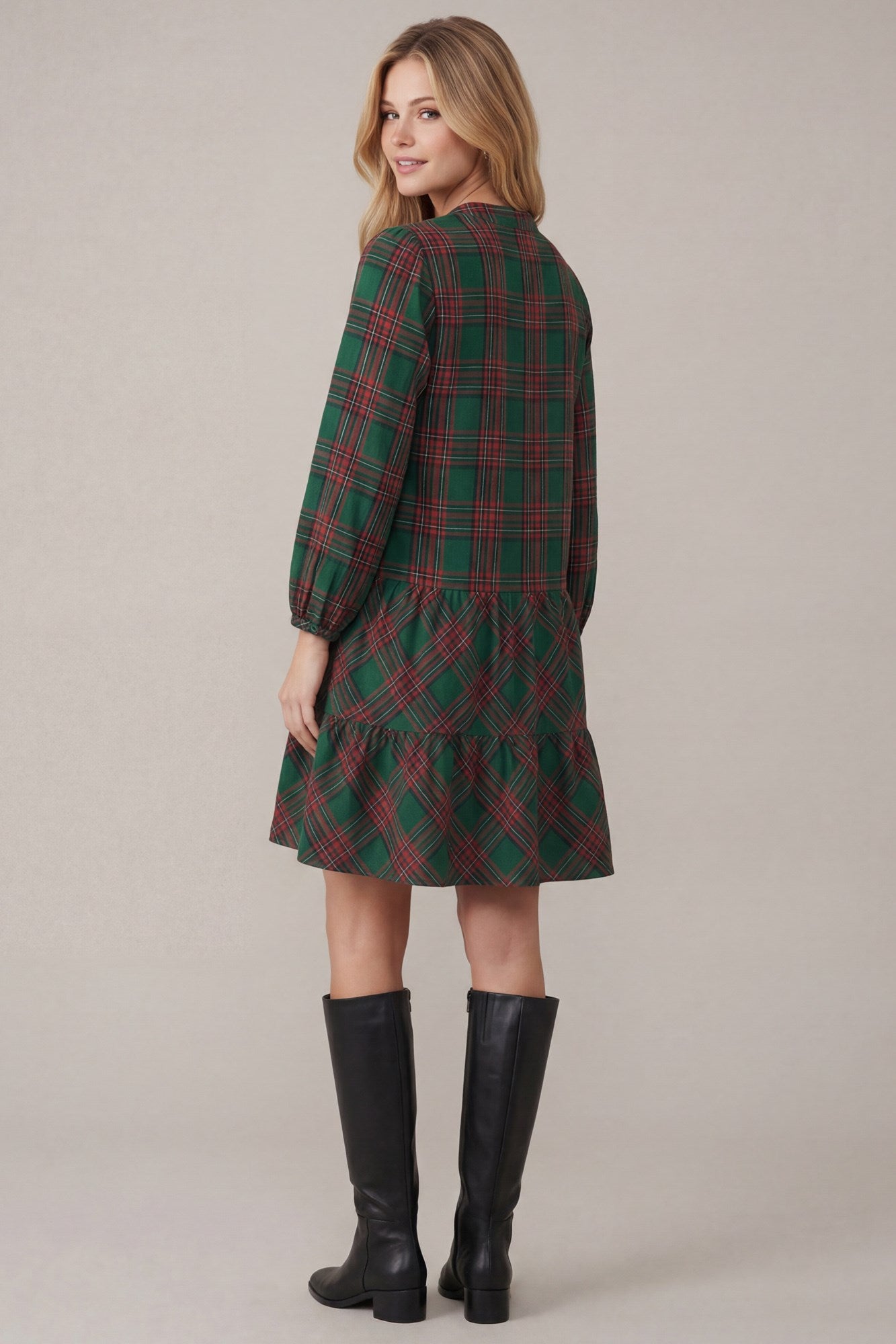 WOVEN PLAID BUTTON DOWN TIERED MINI DRESS