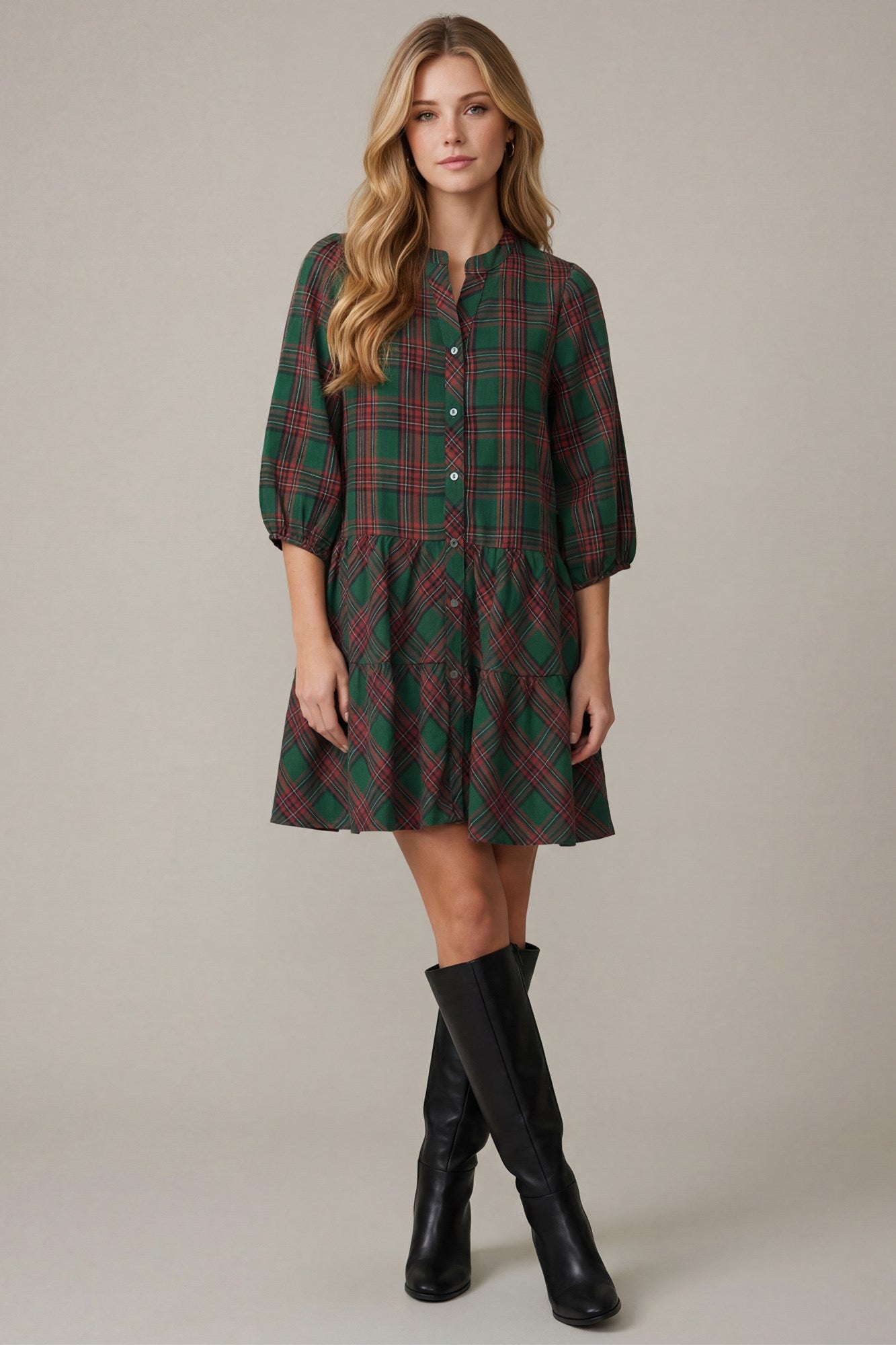 WOVEN PLAID BUTTON DOWN TIERED MINI DRESS