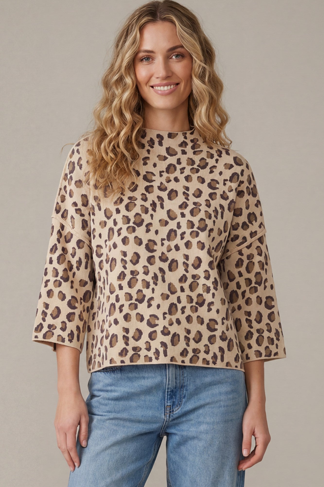 MOCK NECK LEOPARD PATTERNED SWEATER
