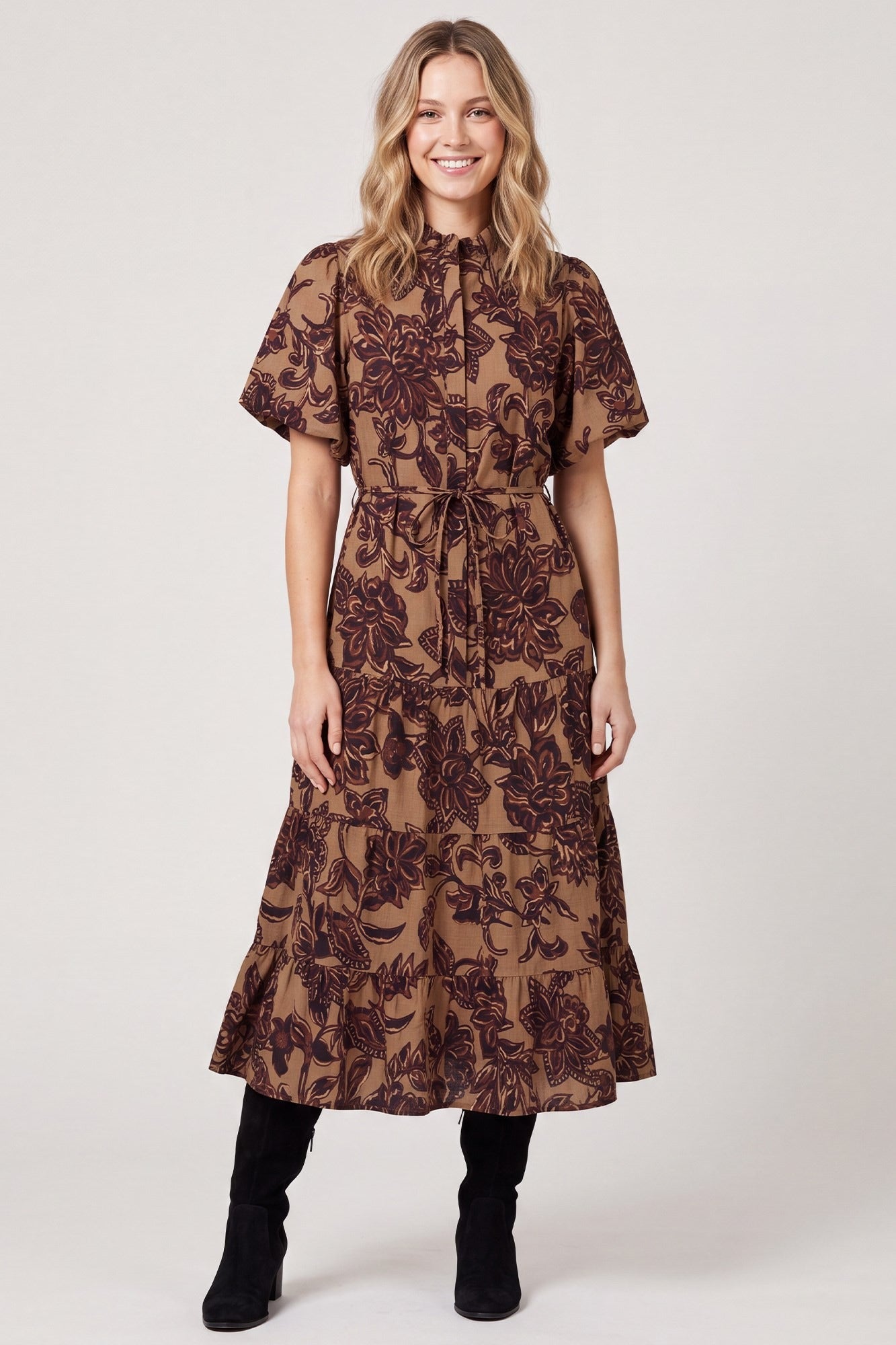 WOVEN PRINT TIERED MIDI DRESS