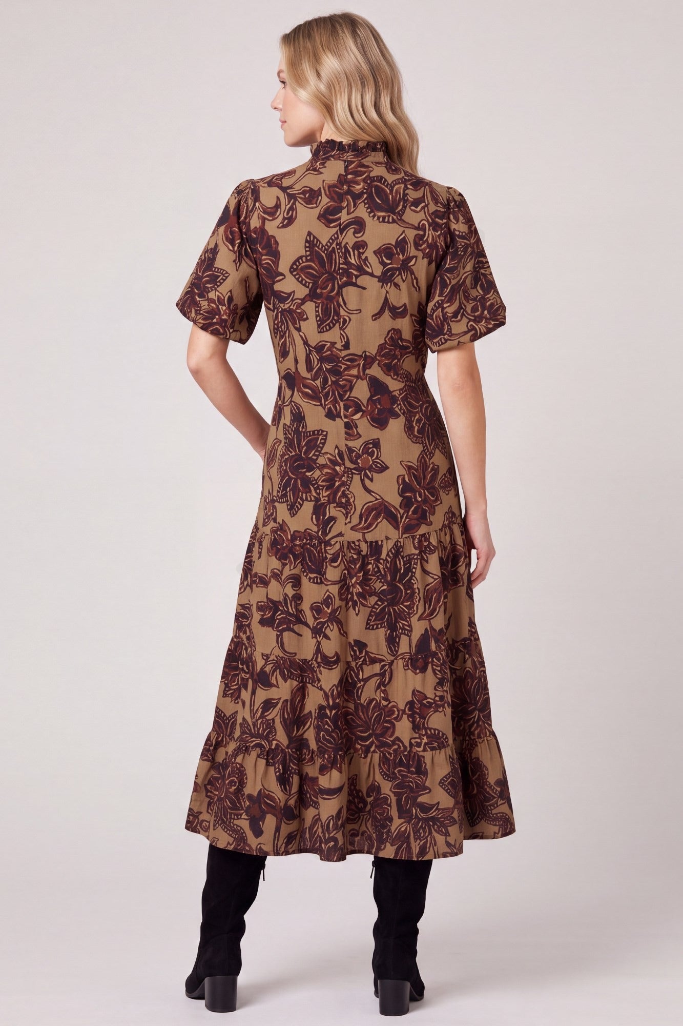 WOVEN PRINT TIERED MIDI DRESS