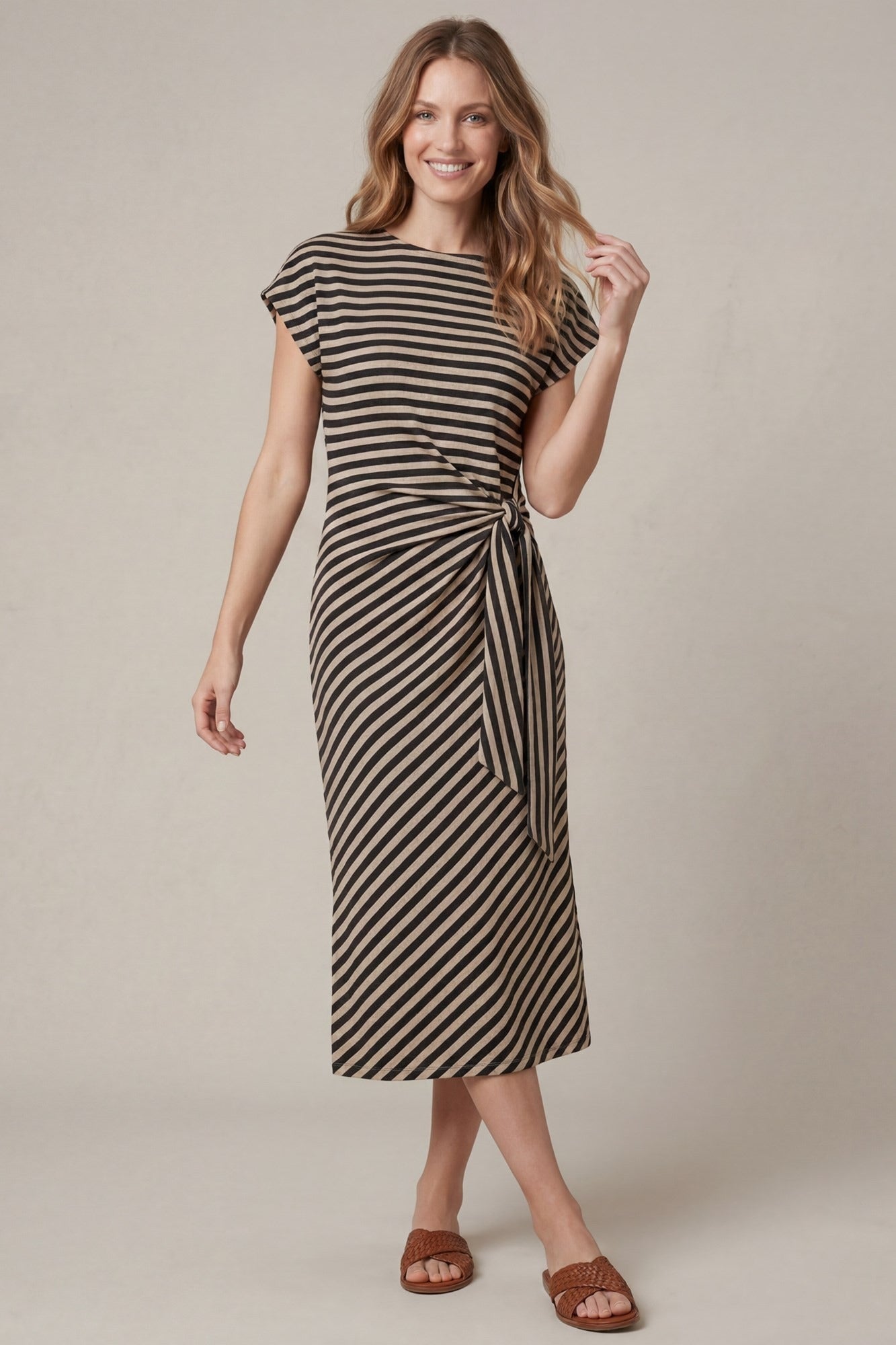 STRIPED MIDI DRESS WITH SIDE TIE