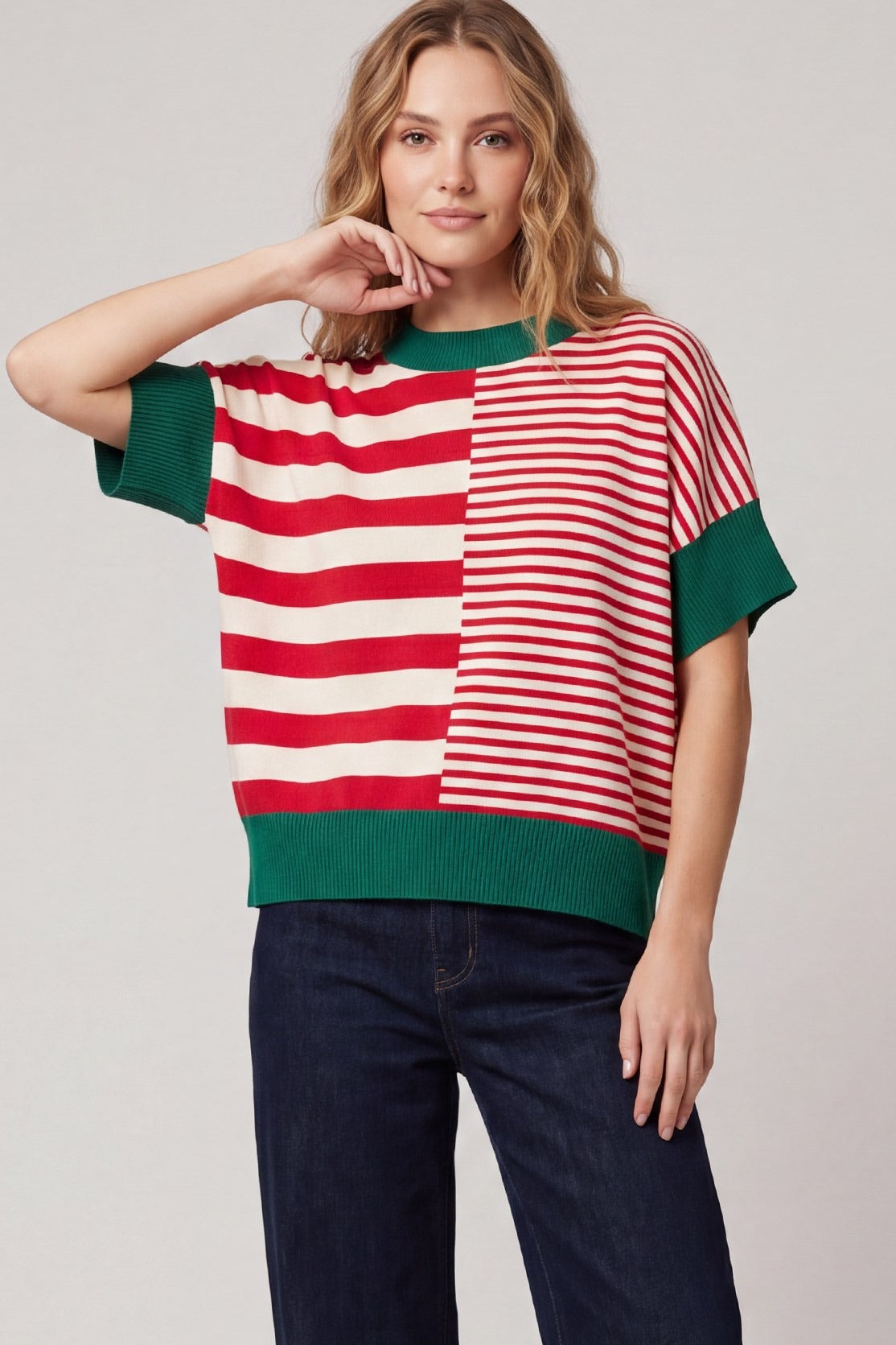 DROP SHOULDER STRPED SWEATER