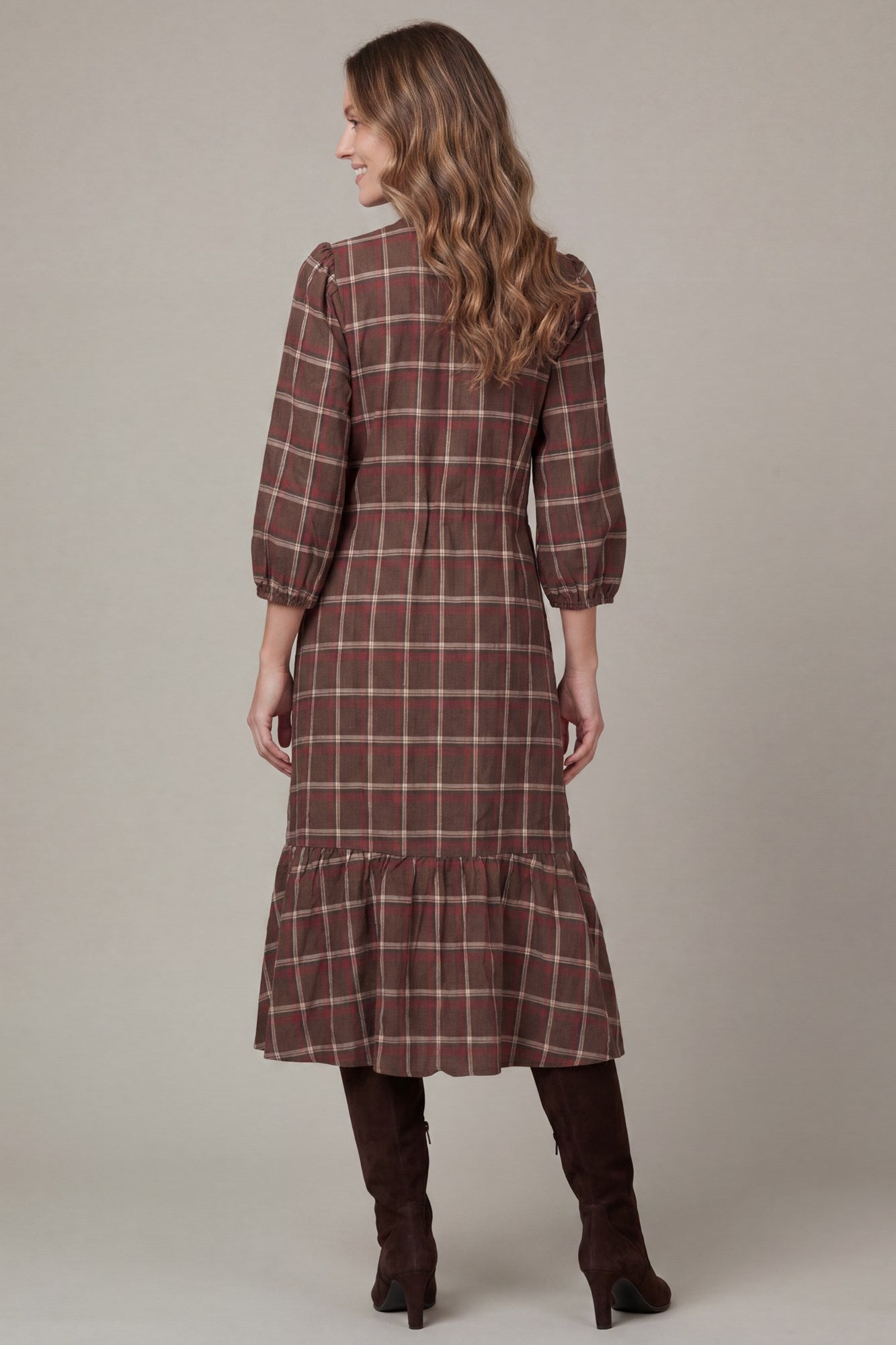 WOVEN PLAID MIDI DRESS