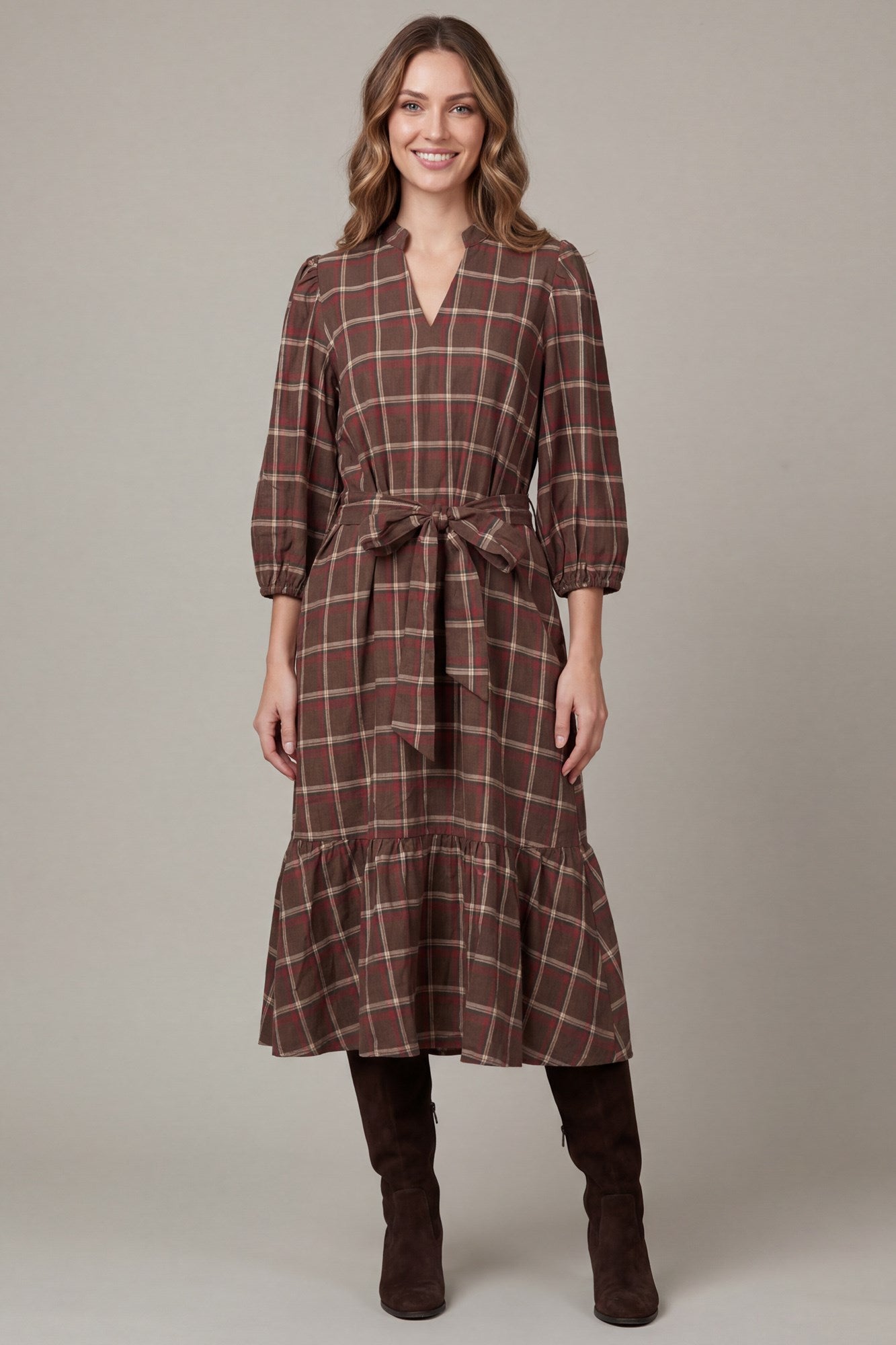 WOVEN PLAID MIDI DRESS