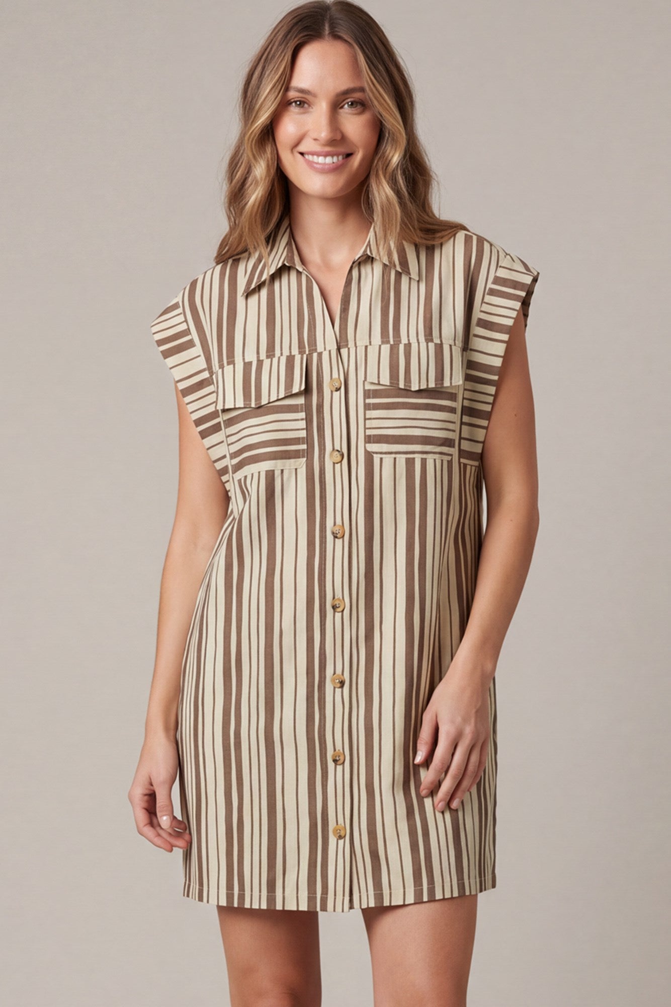 WOVEN STRIPE COLLARED BUTTON DOWN MINI DRESS