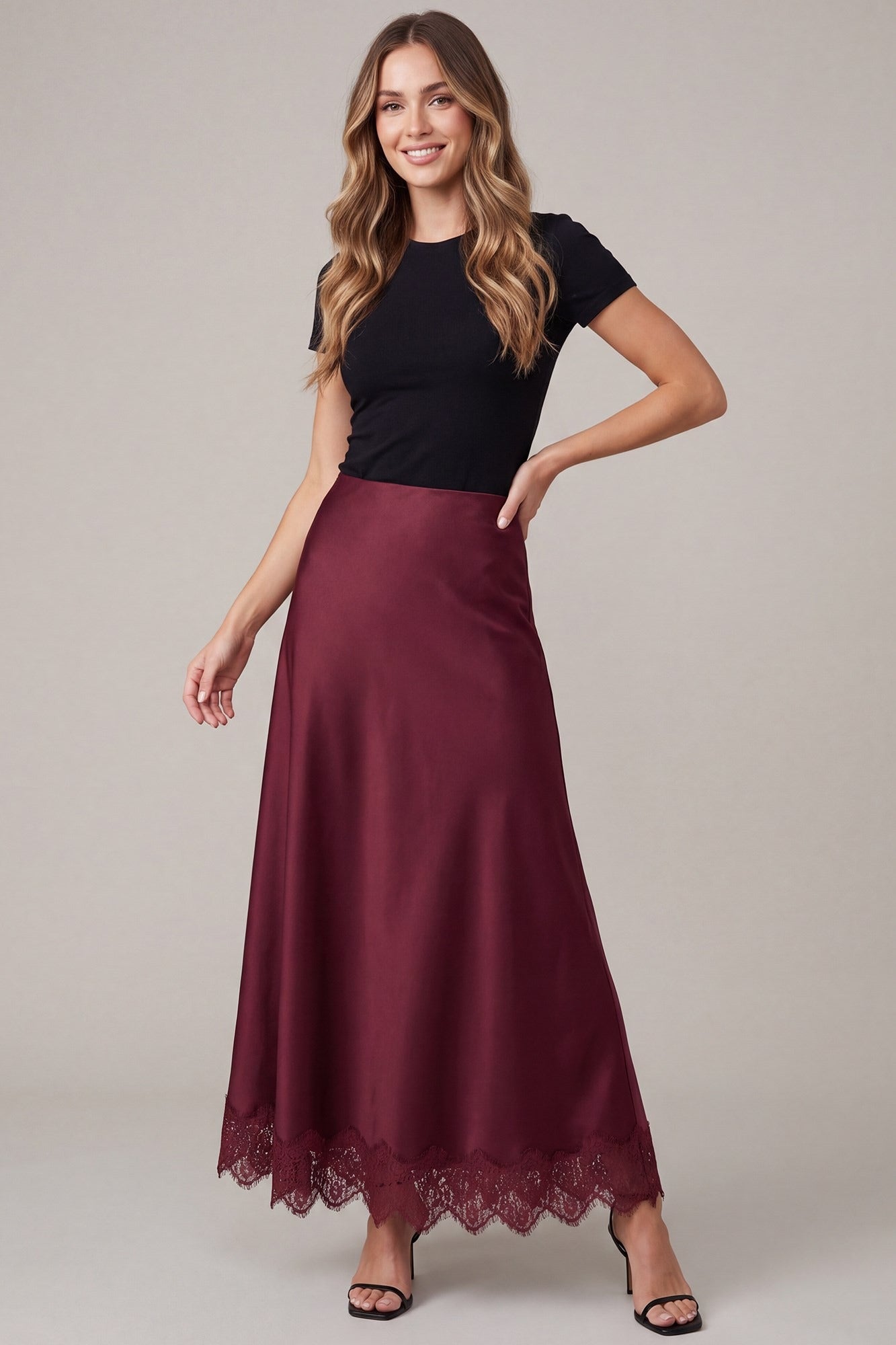SATIN LACE CONTRSATED MAXI SKIRT