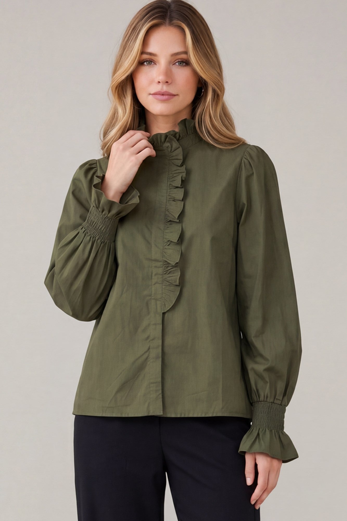 WOVEN PLEATED NECK SHIRT TOP