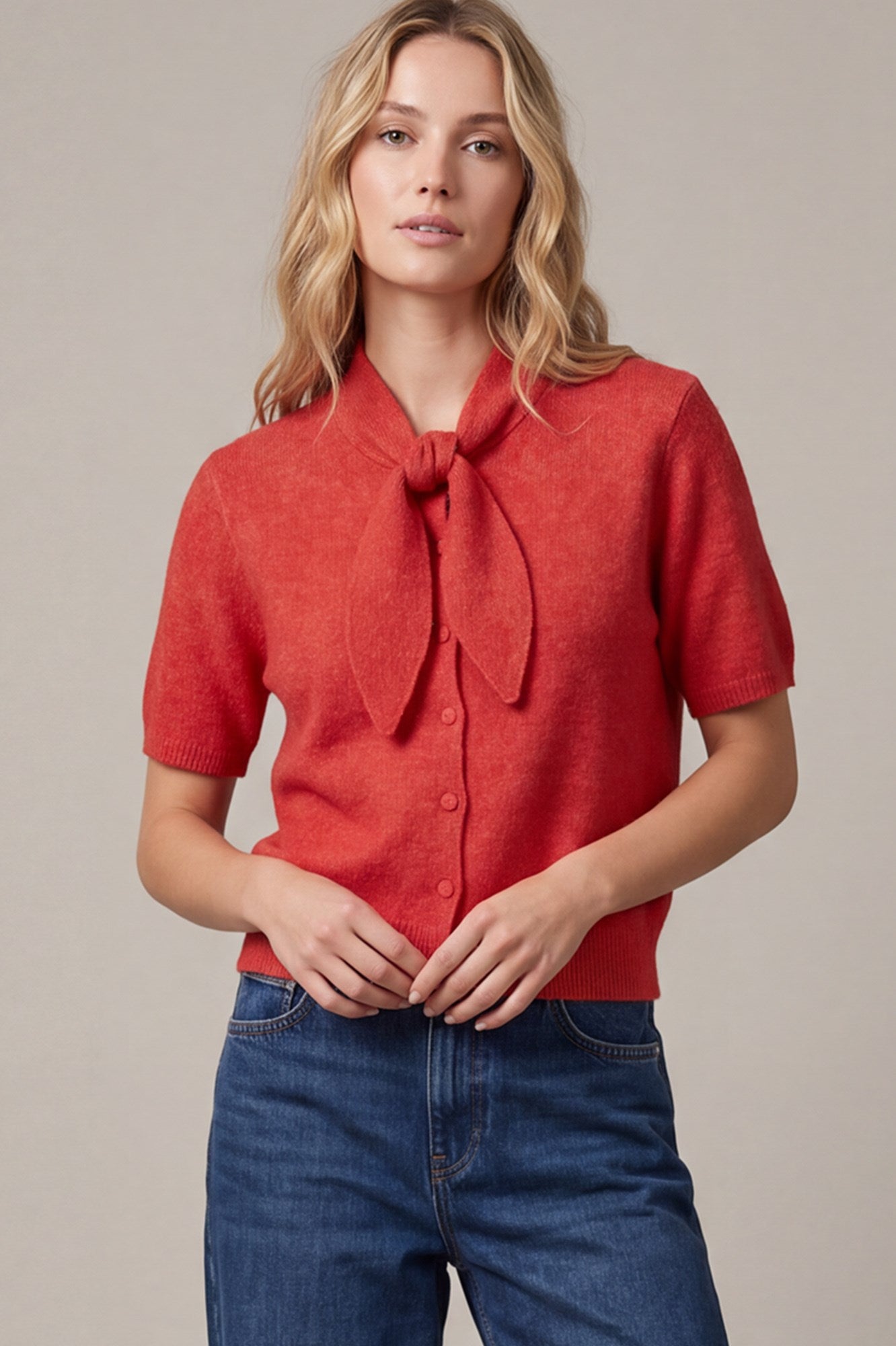 TIE NECK BUTTON DOWN SWEATER
