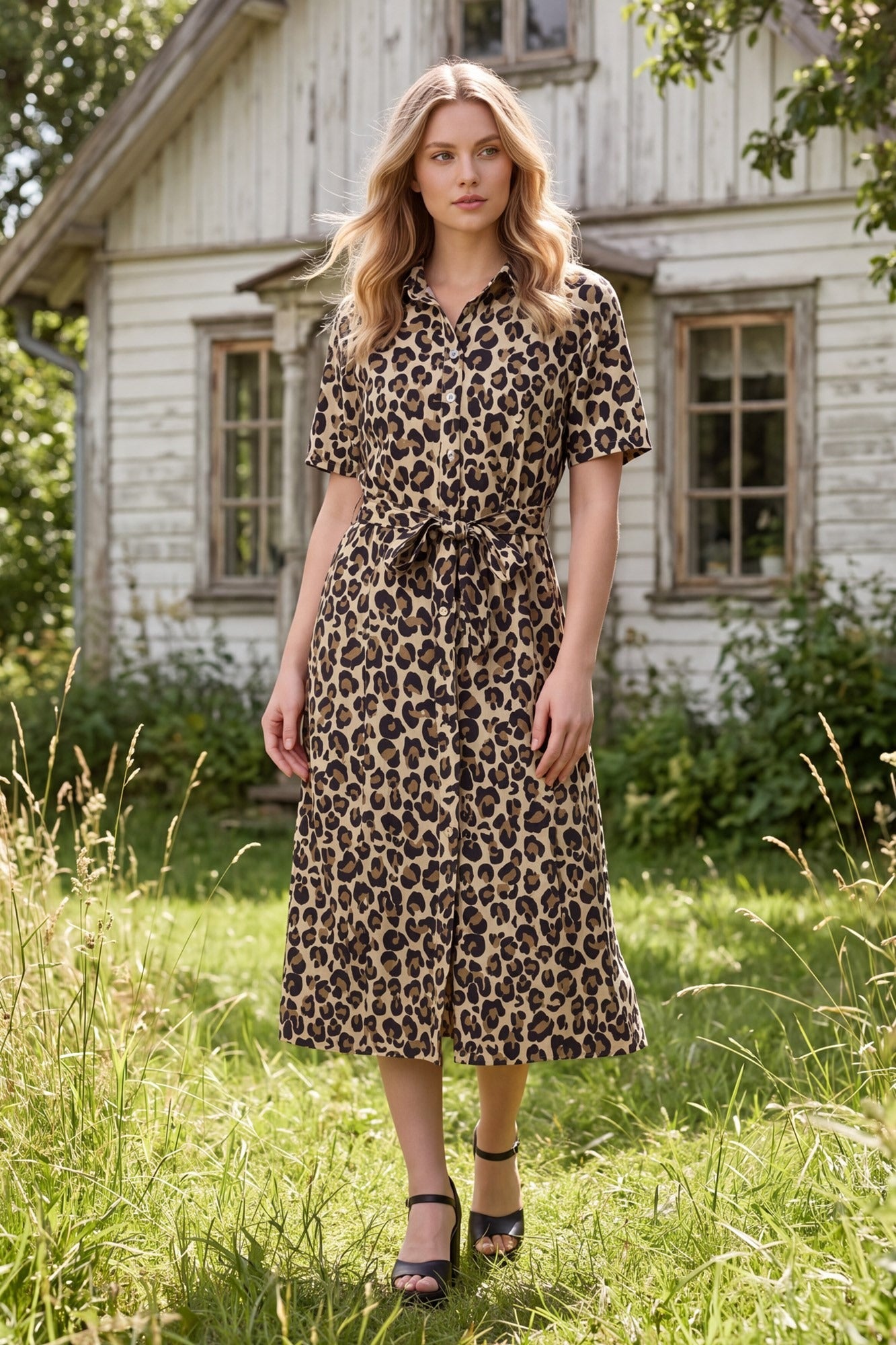 BUTTON DOWN LEOPARD WOVEN MIDI DRESS