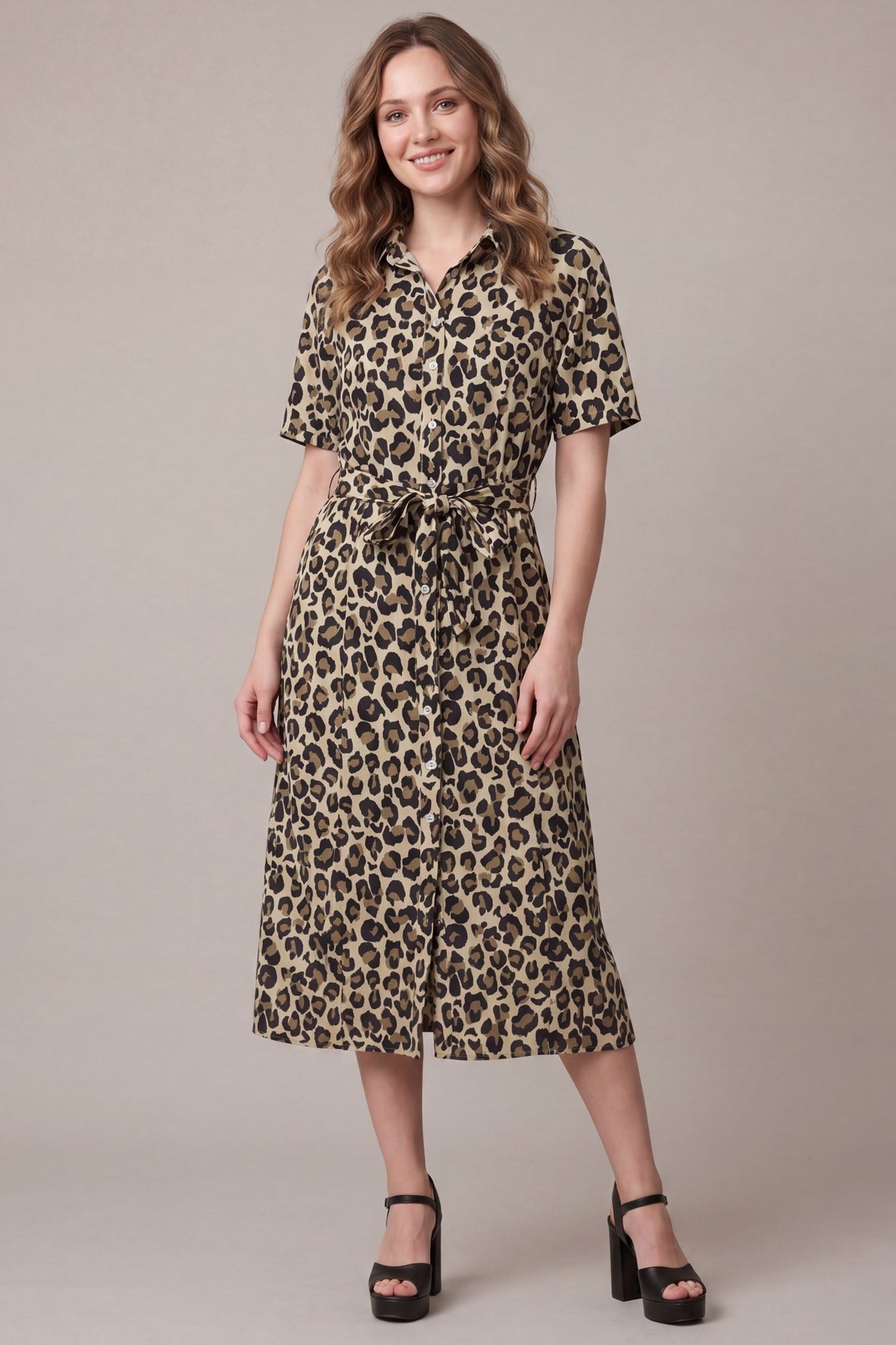 BUTTON DOWN LEOPARD WOVEN MIDI DRESS