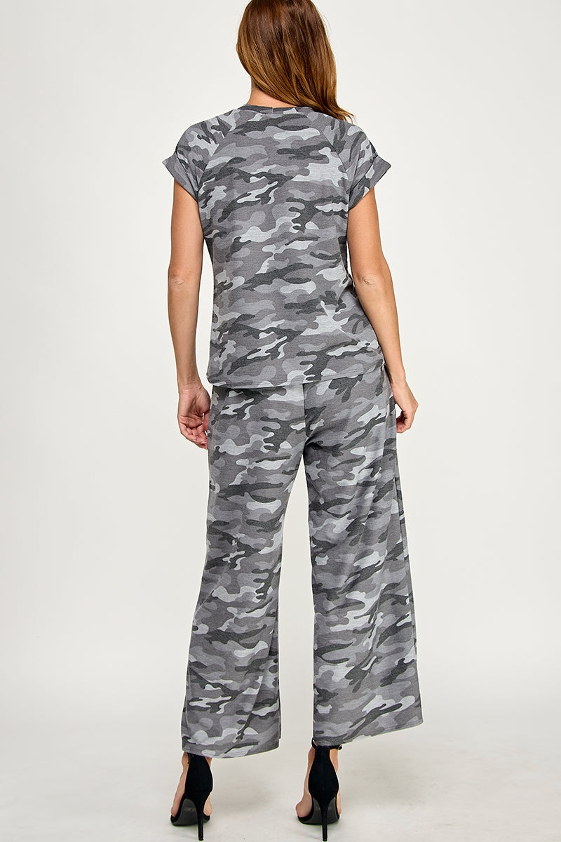 CAMO PRINTED FRENCH TERRY TOP AND PANT SET