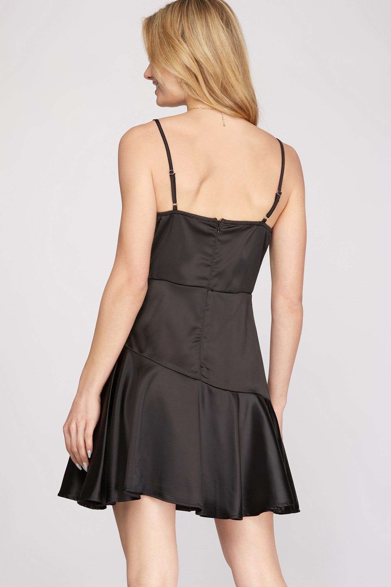 SURPLICE HEAVY SATIN FLARED HEM MINI DRESS