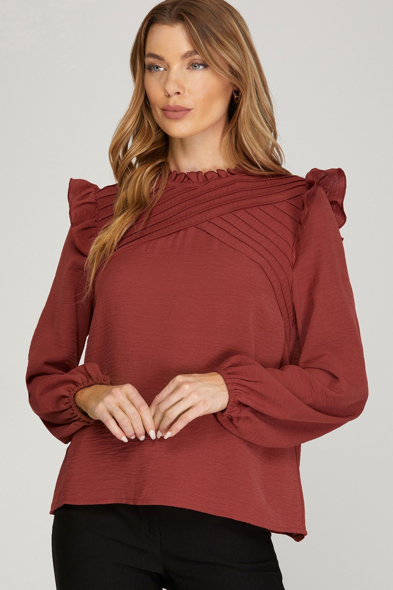 PLEATED RUFFLE DETAIL KEYHOLE BACK BLOUSE