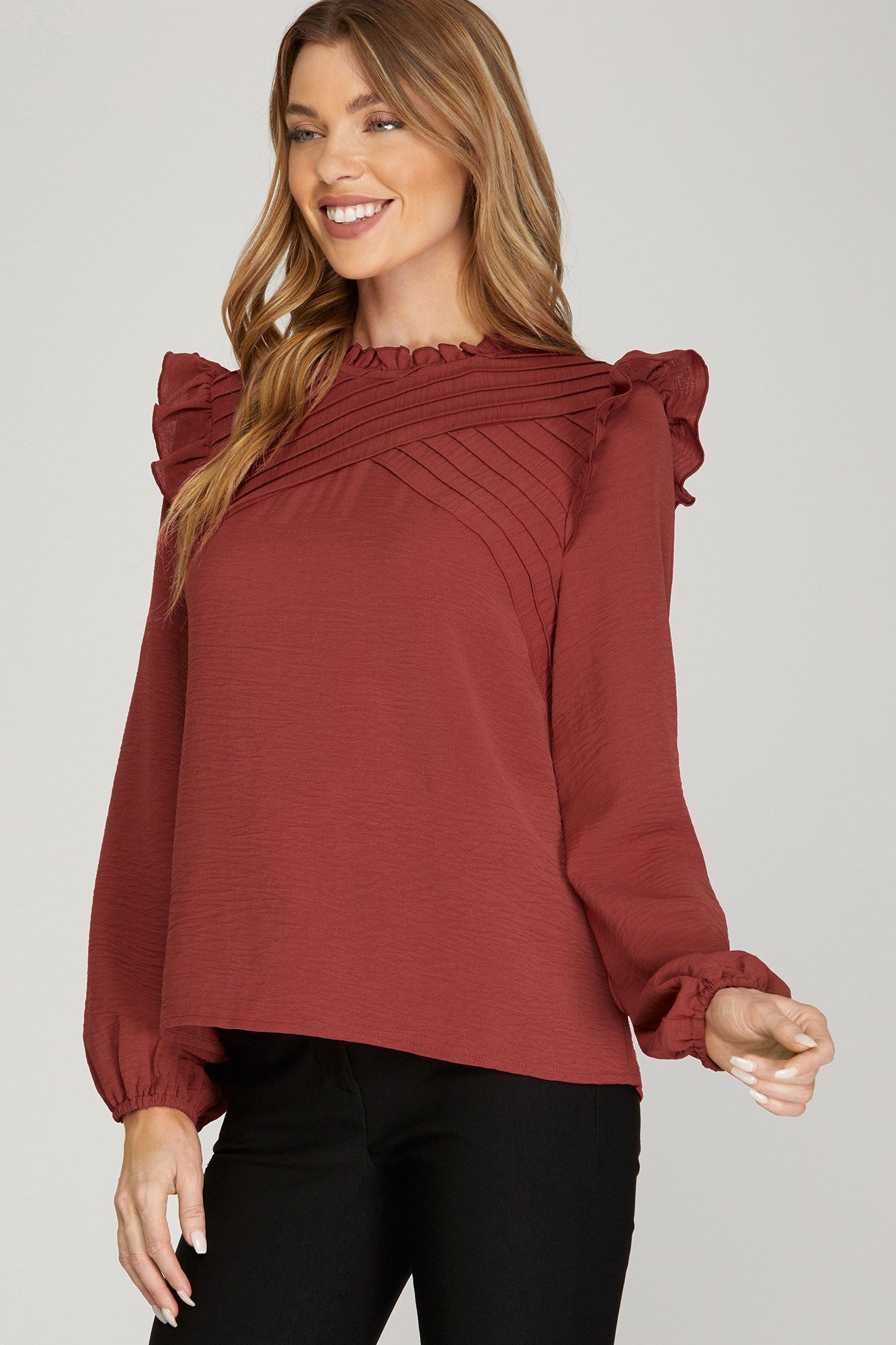 PLEATED RUFFLE DETAIL KEYHOLE BACK BLOUSE