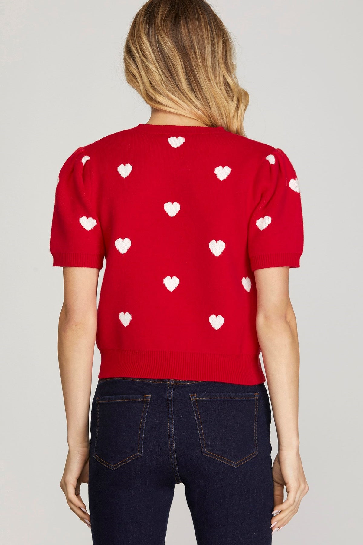 SHORT PUFF SLEEVE HEART PATTERN SWEATER TOP