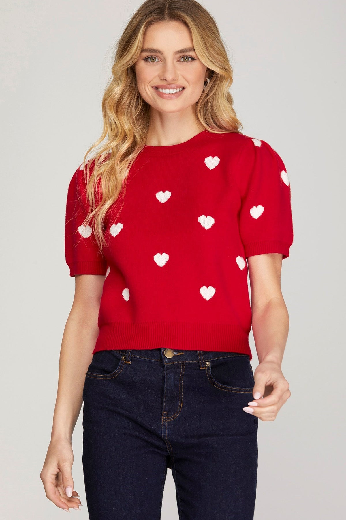 SHORT PUFF SLEEVE HEART PATTERN SWEATER TOP