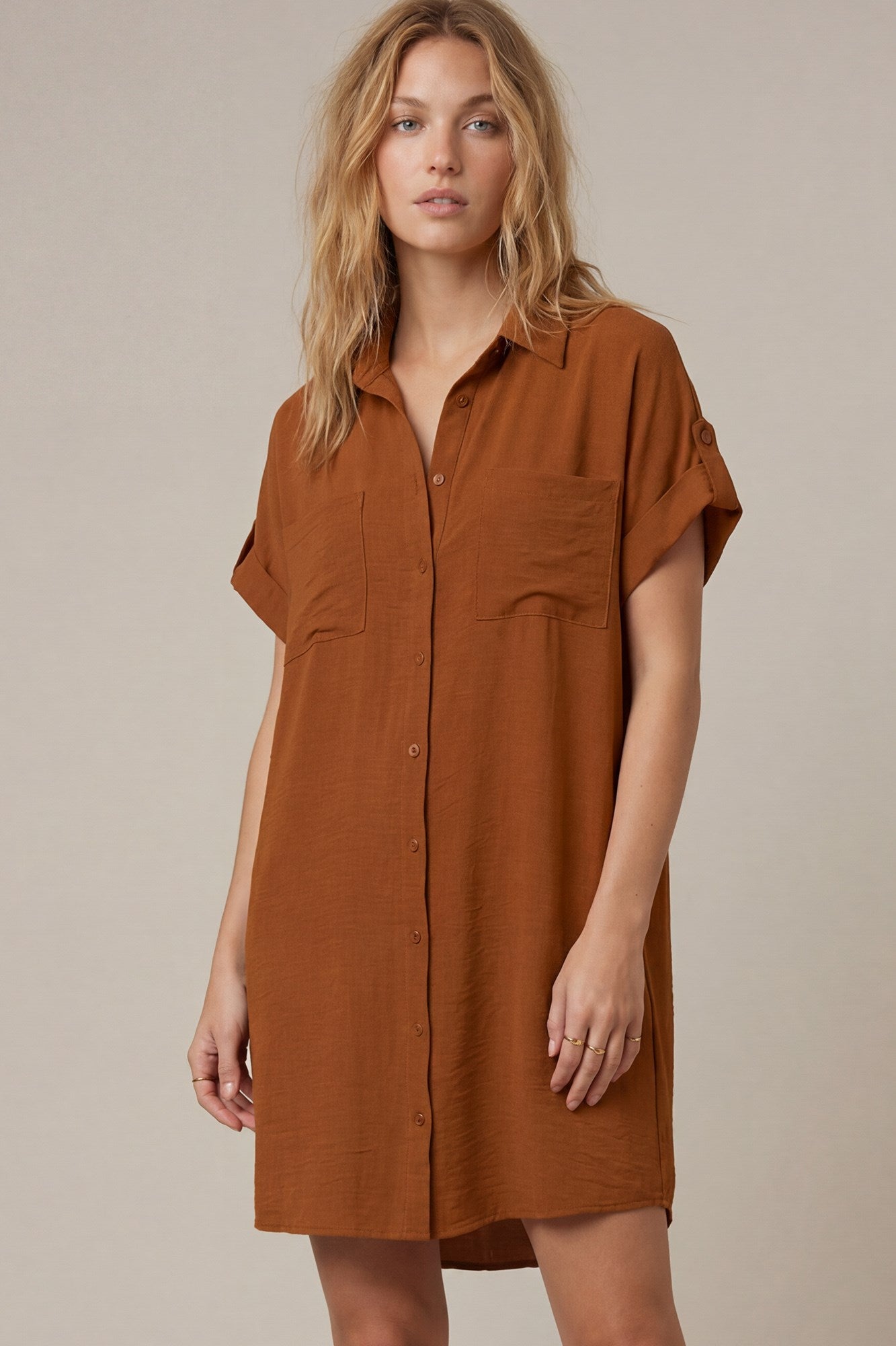 DROP SHOULDER BUTTON UP WOVEN SHIRT DRESS