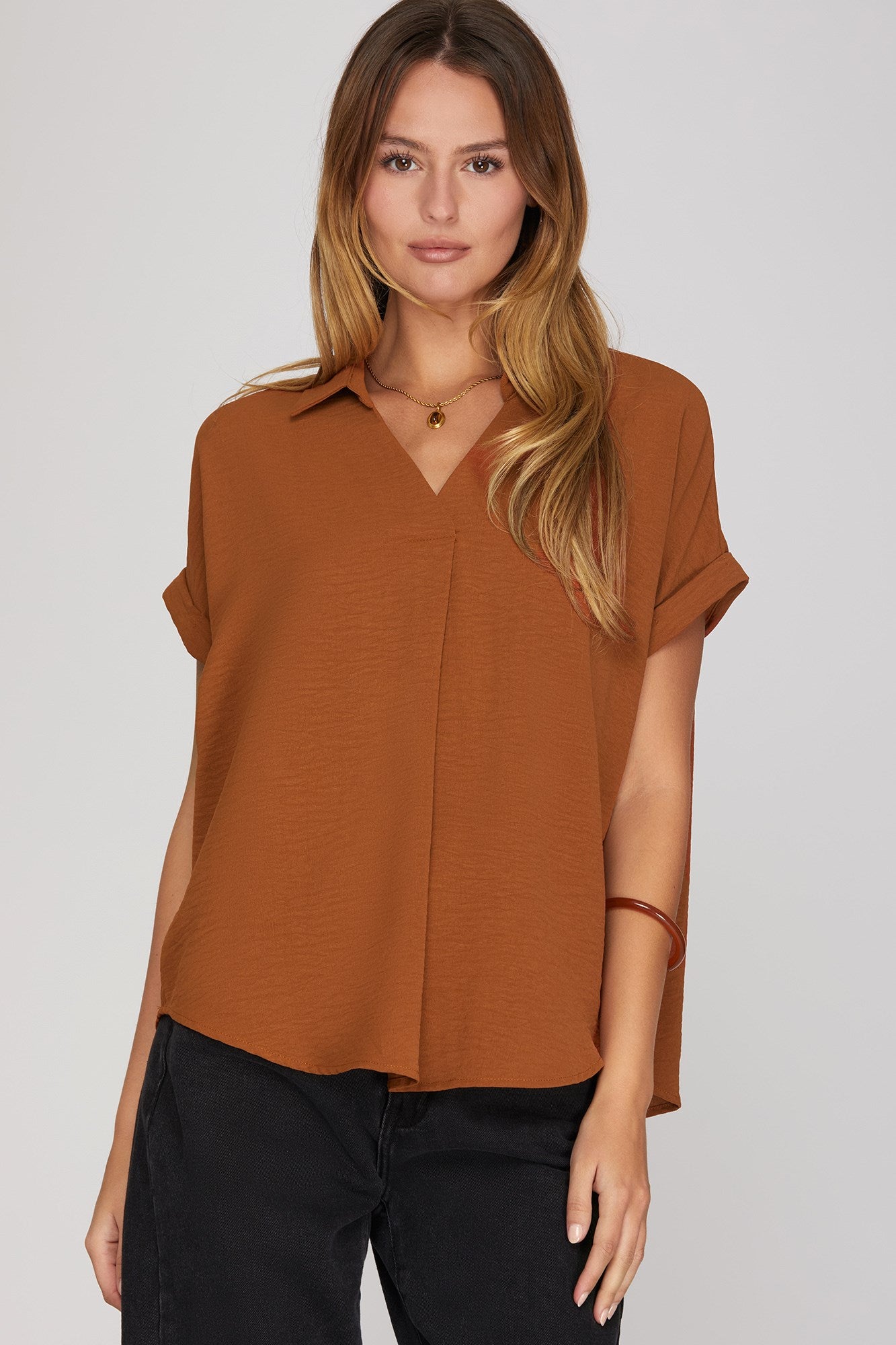 COLLARED WOVEN SOLID TOP