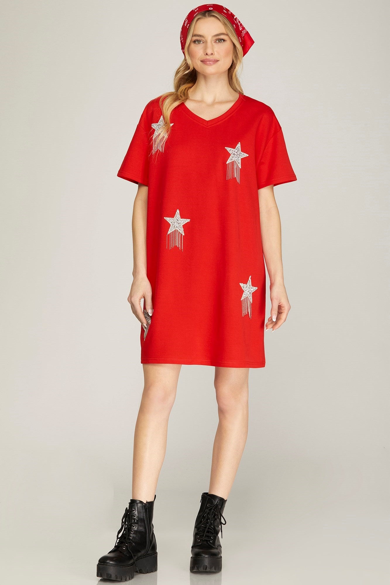 RHINESTONE STUDDED STAR FRINGE V NECK KNIT DRESS