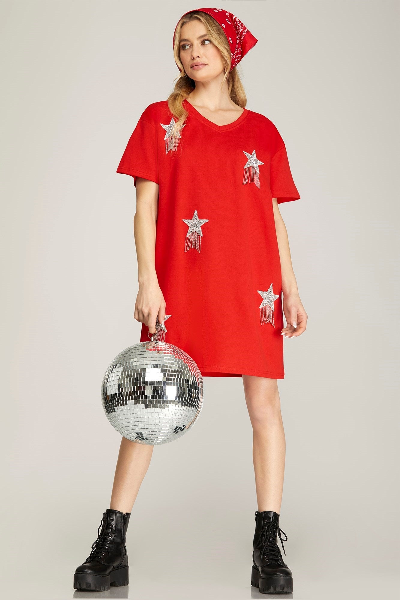 RHINESTONE STUDDED STAR FRINGE V NECK KNIT DRESS