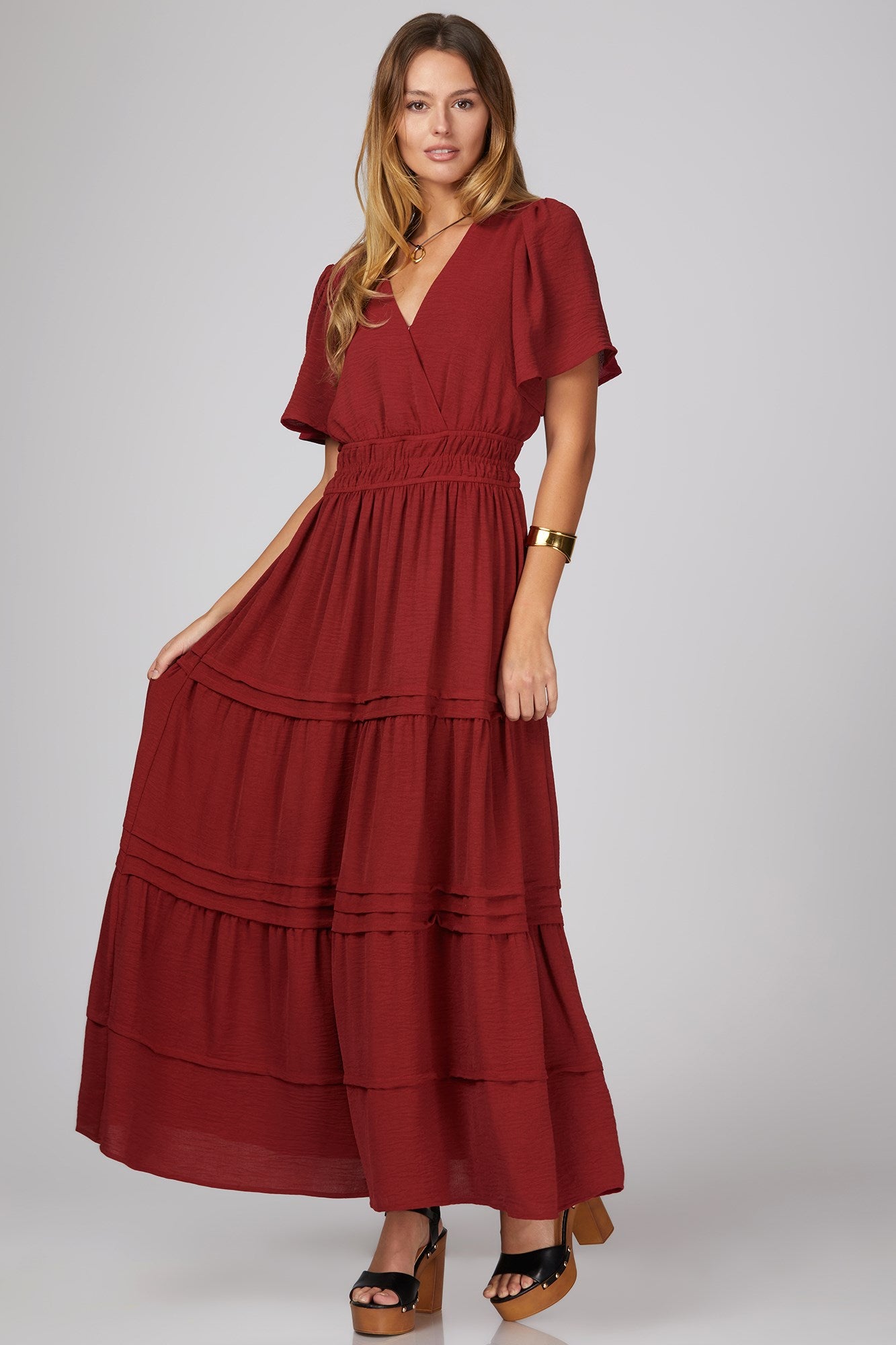 SURPLICE PINTUCK TIERED WOVEN MAXI DRESS