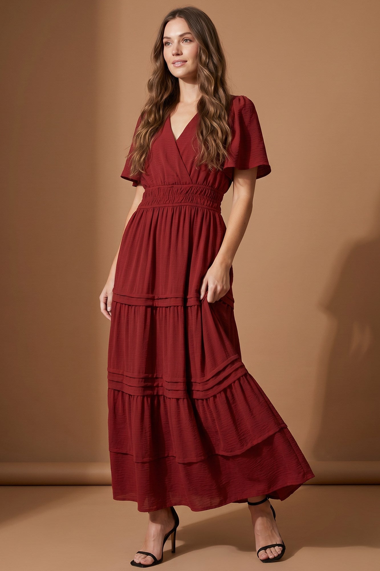 SURPLICE PINTUCK TIERED WOVEN MAXI DRESS