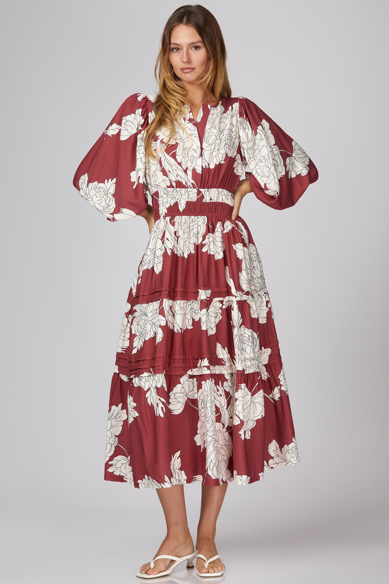 PINTUCK TIERED FLORAL PRINT WOVEN MIDI DRESS
