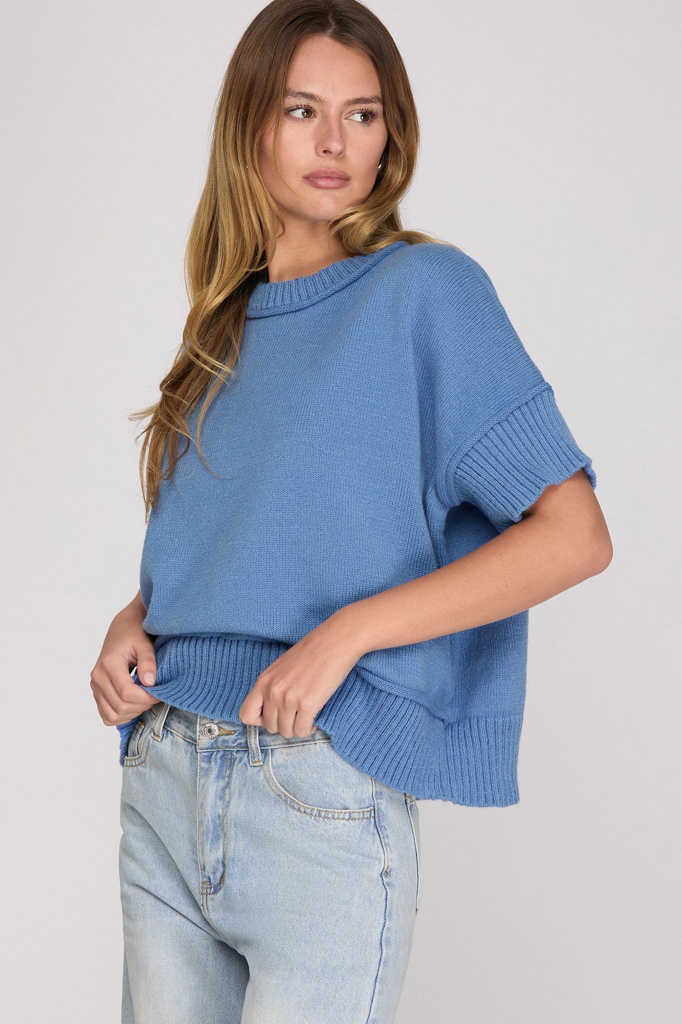 DROP HALF SLEEVE CREW NECK SWEATER