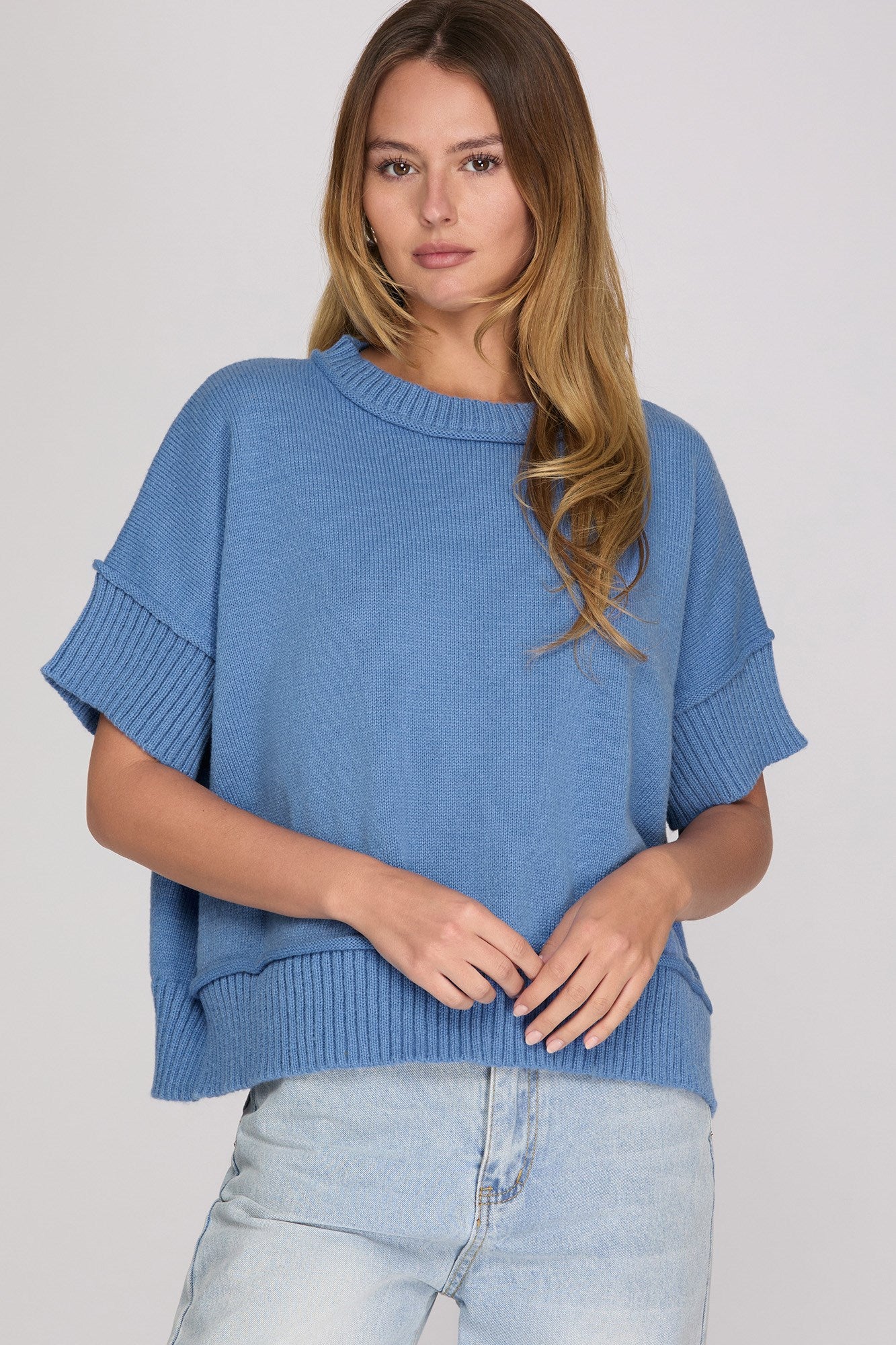 DROP HALF SLEEVE CREW NECK SWEATER