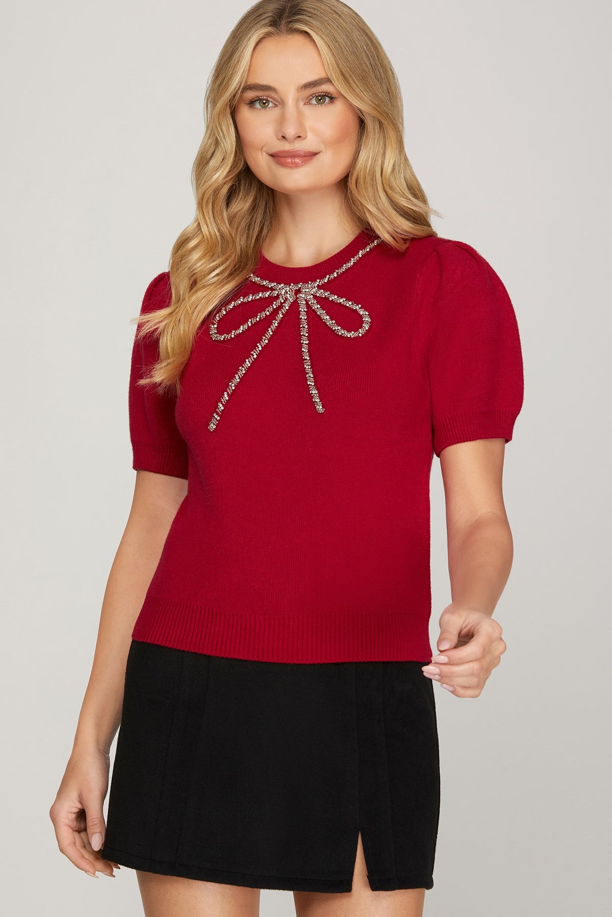 HALF SLEEVE BEADED BOW SWEATER TOP