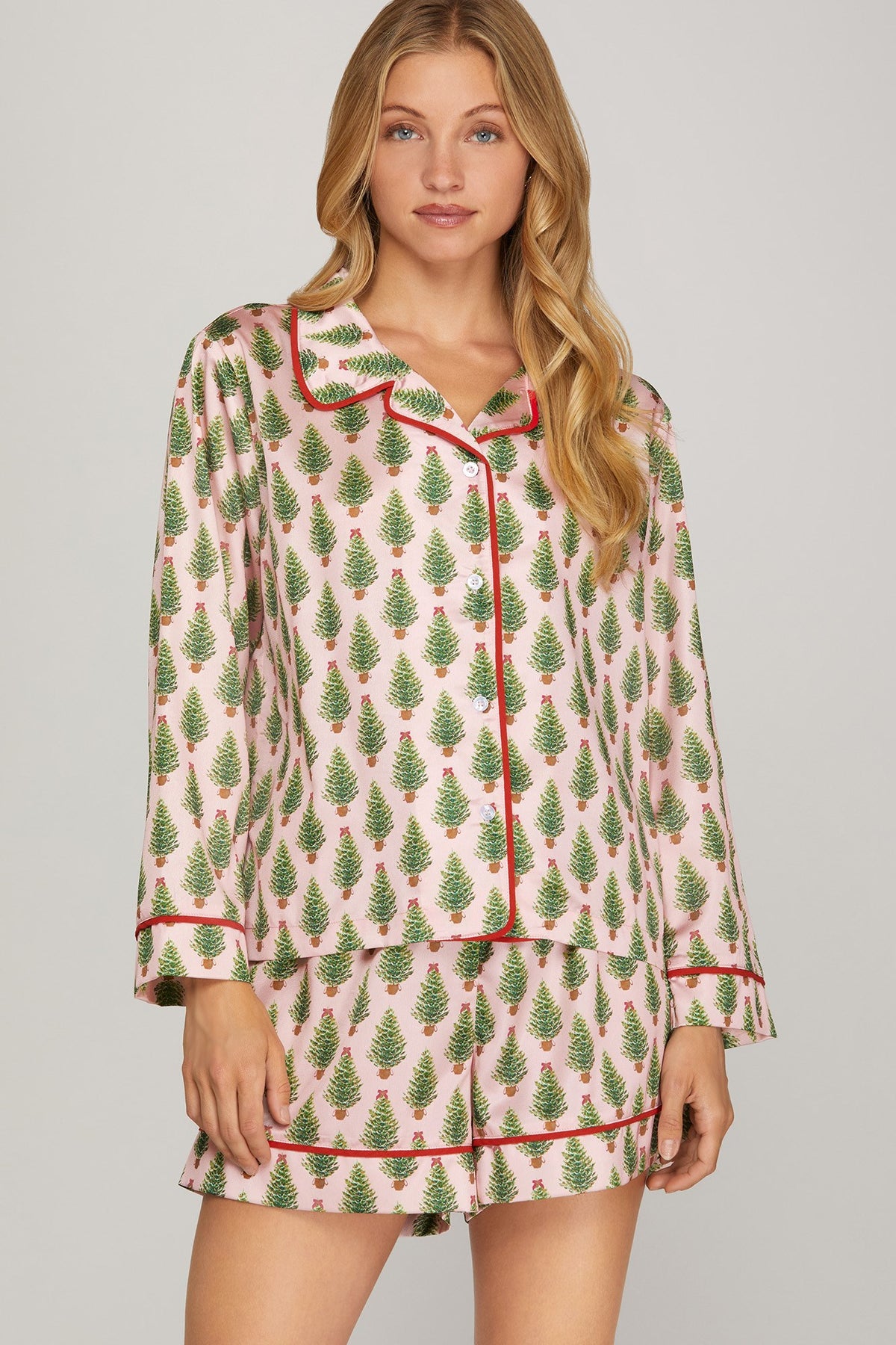 CHRISTMAS TREE PRINT LONG SLEEVE TOP AND SHORTS PAJAMA SET