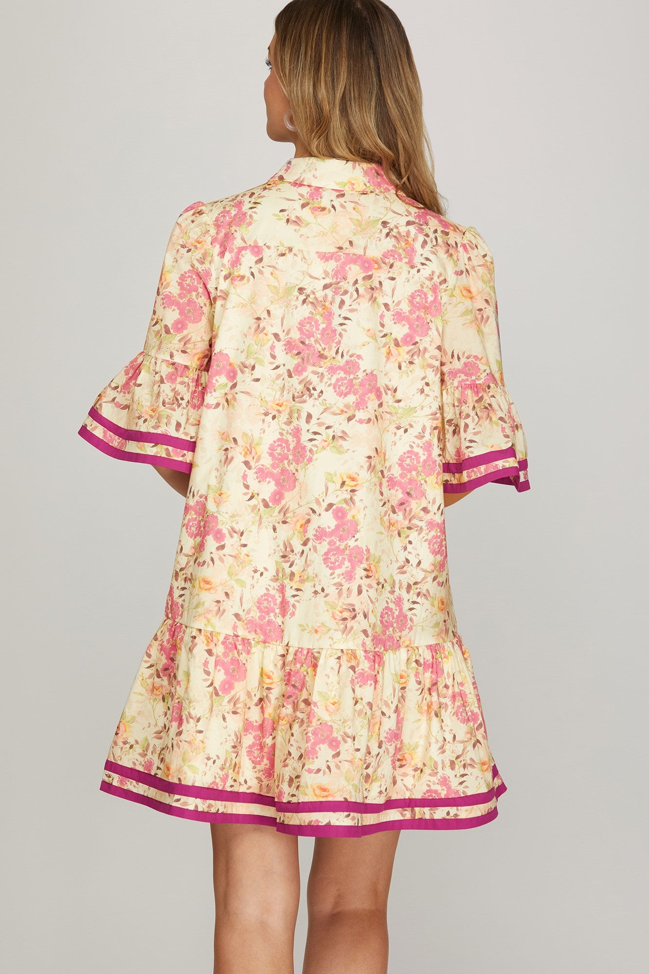 BELL SLEEVE BUTTON DOWN FLORAL PRINT MINI DRESS