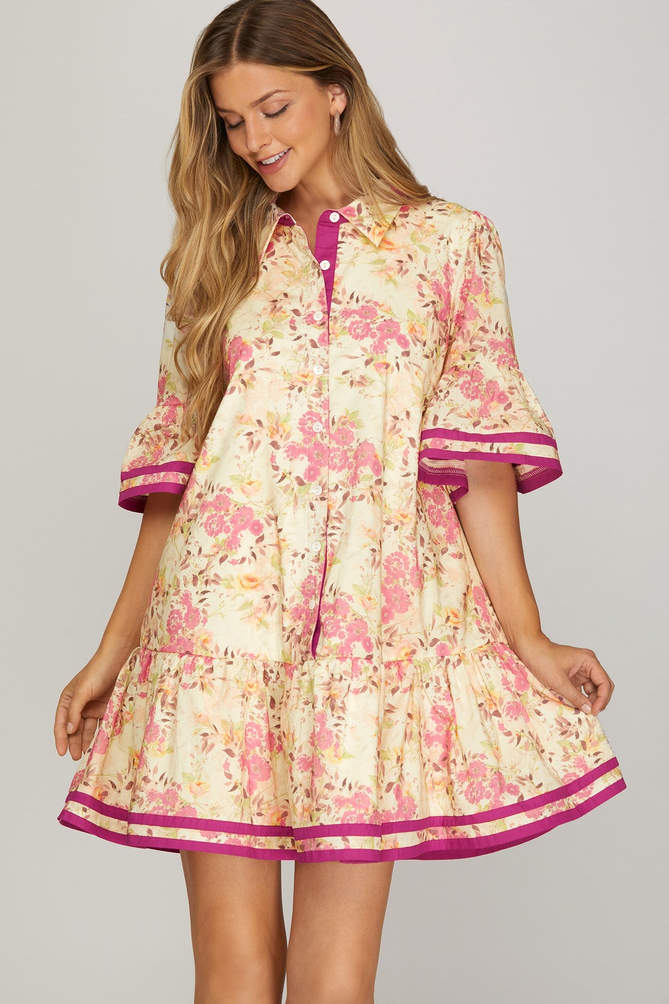 BELL SLEEVE BUTTON DOWN FLORAL PRINT MINI DRESS