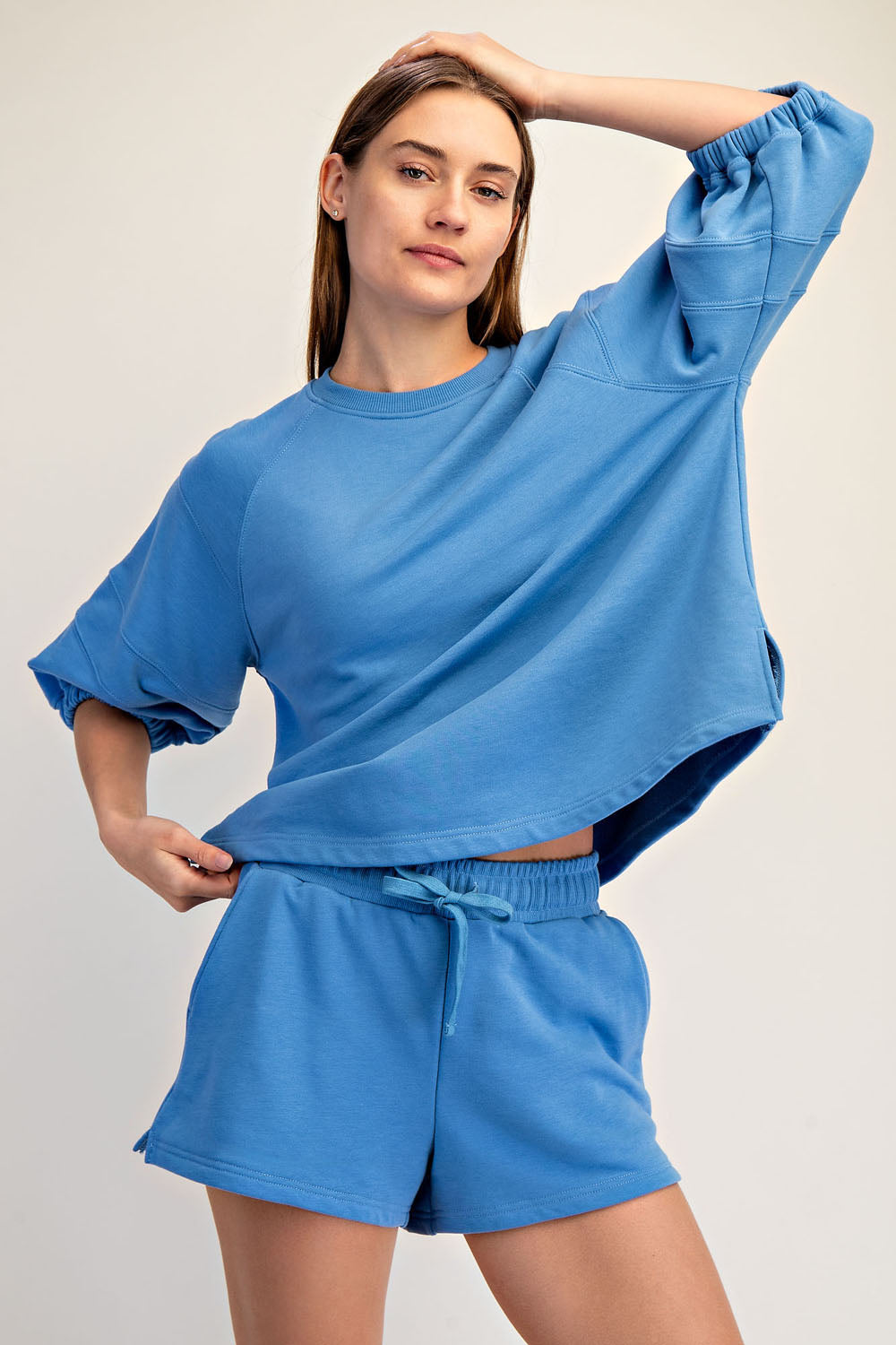 FRENCH TERRY BUBBLED HALF SLEEVE TOP