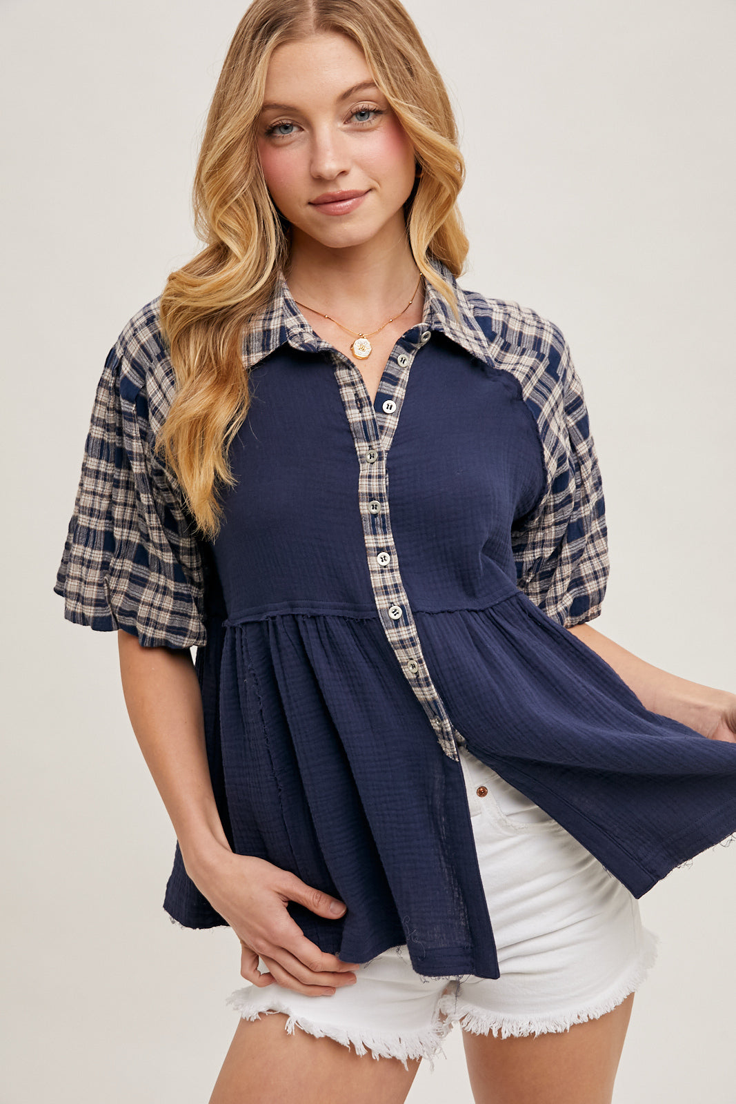 PLAID SLEEVE CONTRAST BABYDOLL TUNIC