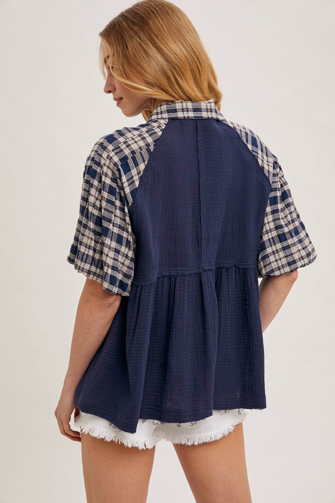 PLAID SLEEVE CONTRAST BABYDOLL TUNIC