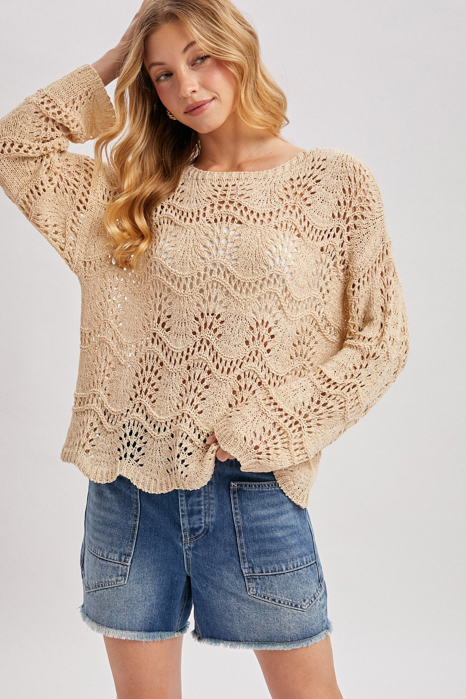 BOAT NECK SCALLOPED HEM OPEN KNIT SWEATER